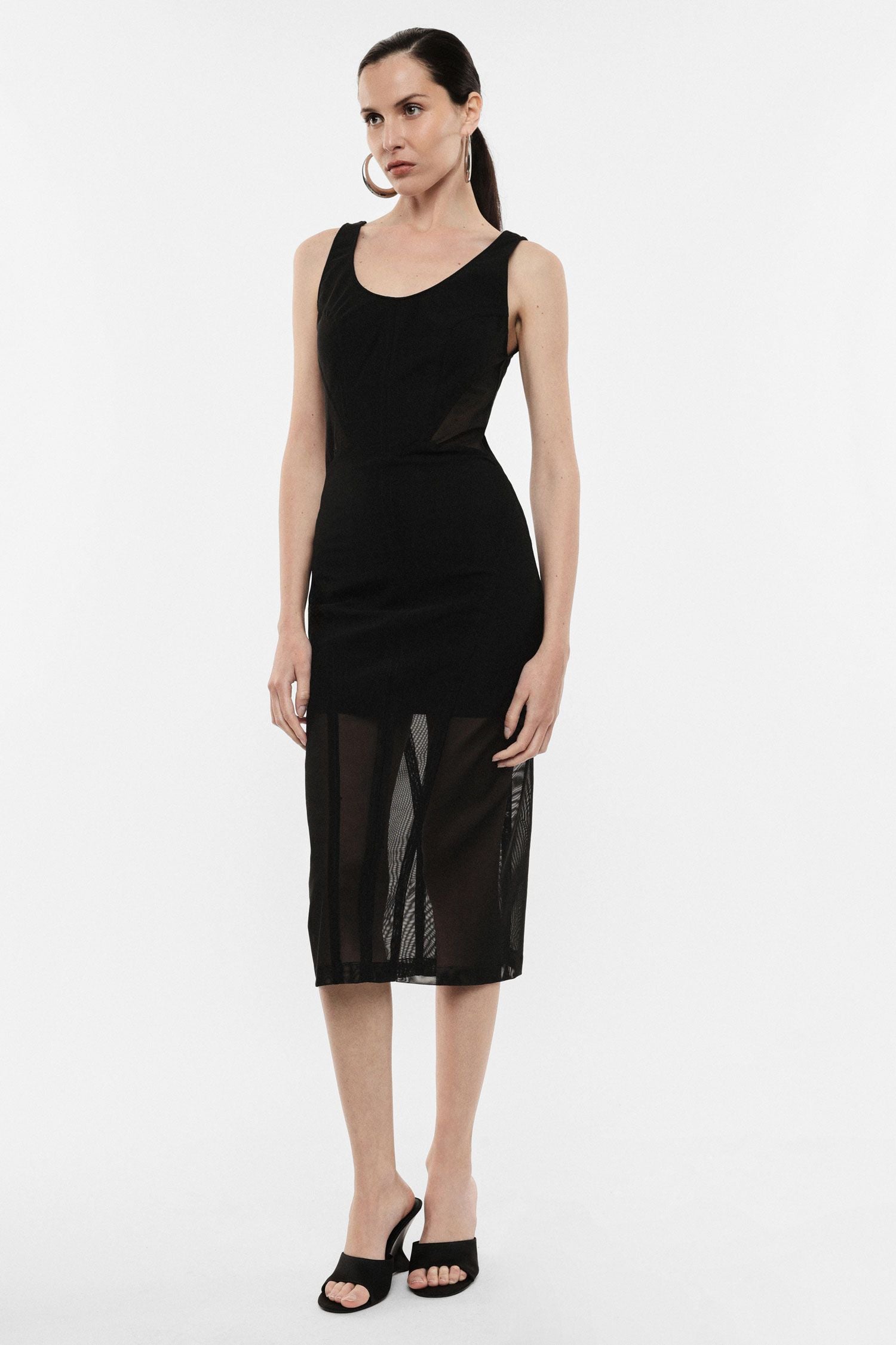 Midi dress with straps and sheer panel detailing