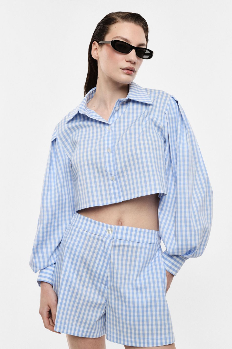 Blue Gingham Cropped Shirt