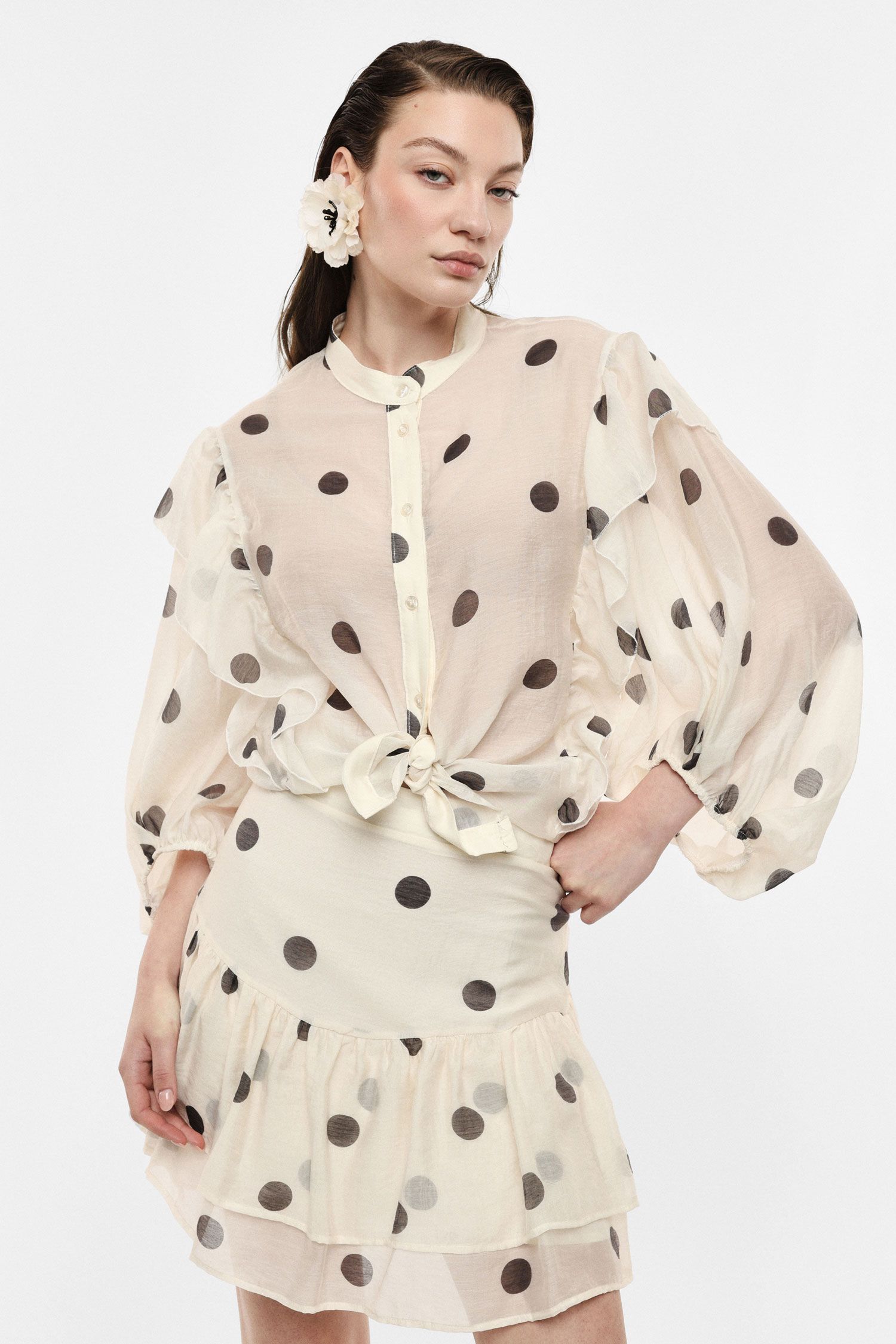 Sheer Polka Dots Ruffle Blouse