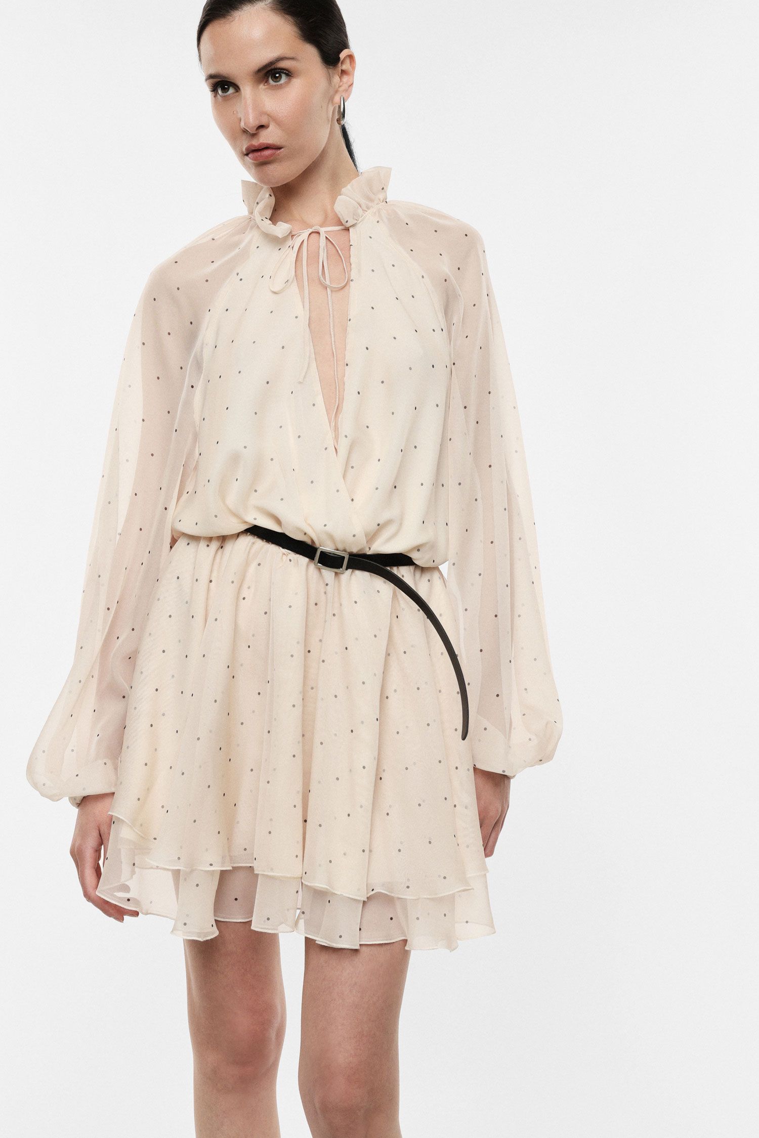 Sheer Ruffle Mini Dress Polka Dots