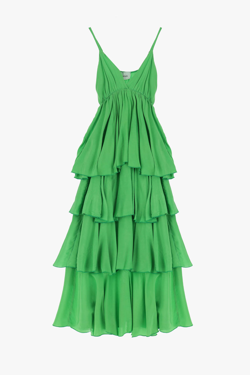 Long V-neck dress with tiered skirt