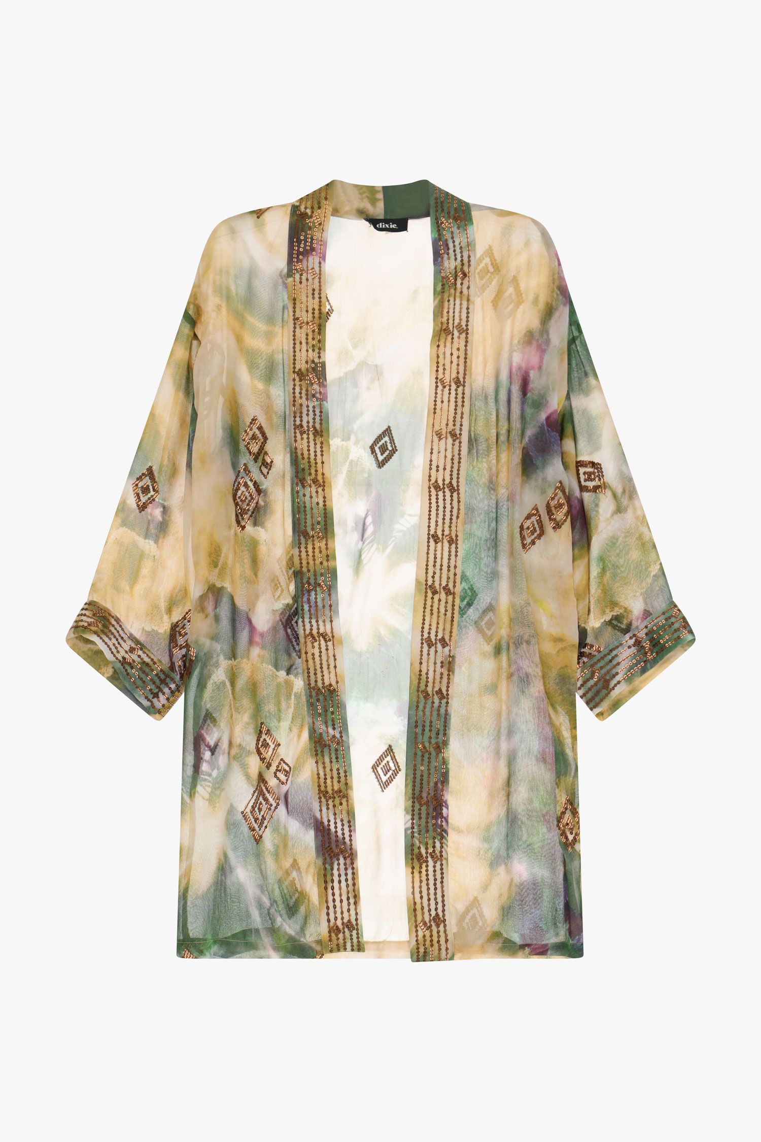 Patterned duster coat with embroidered details