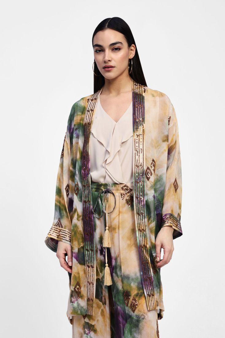 Patterned duster coat with embroidered details