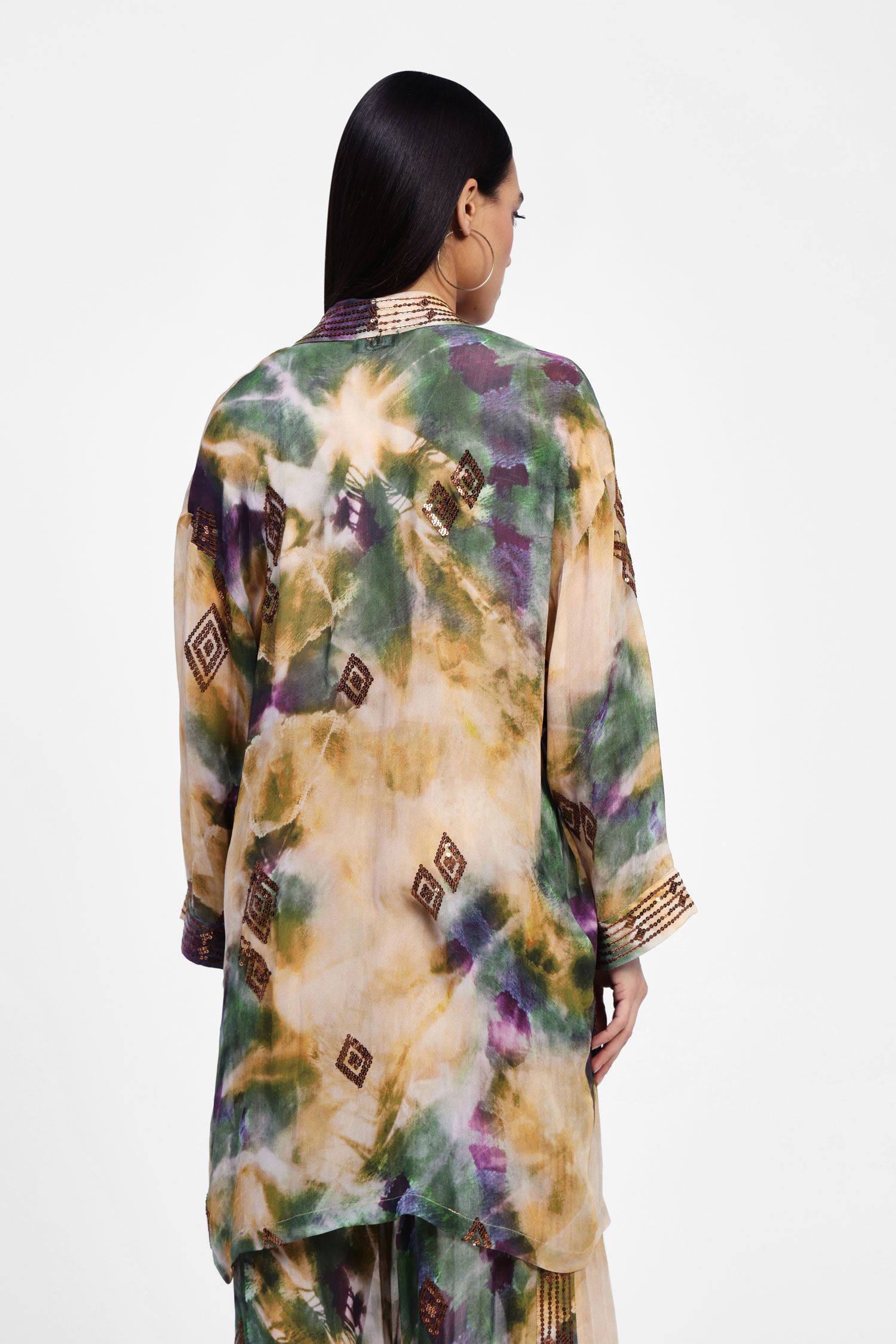 Patterned duster coat with embroidered details