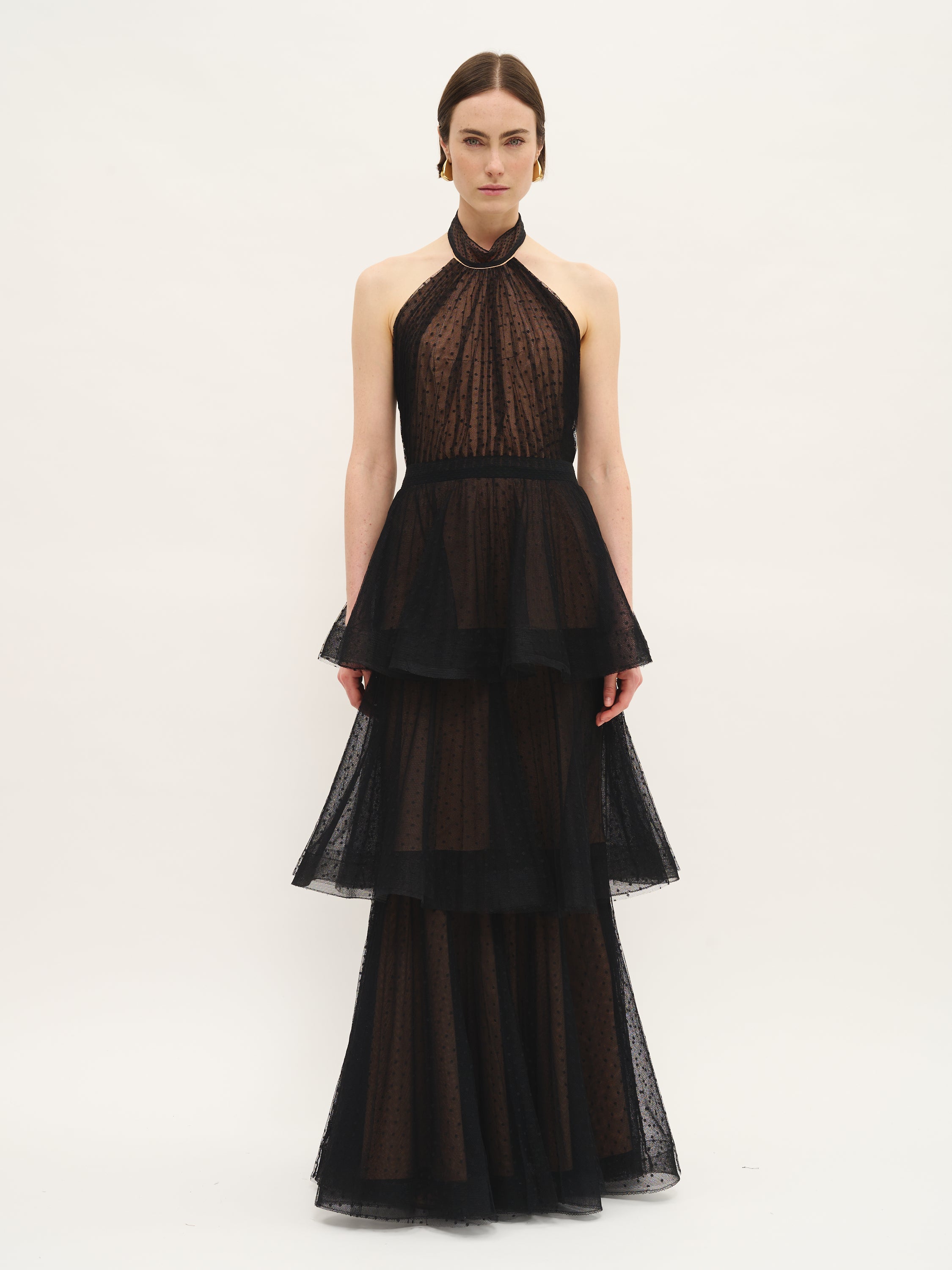 Robe dos nu transparente à volants en tulle noir