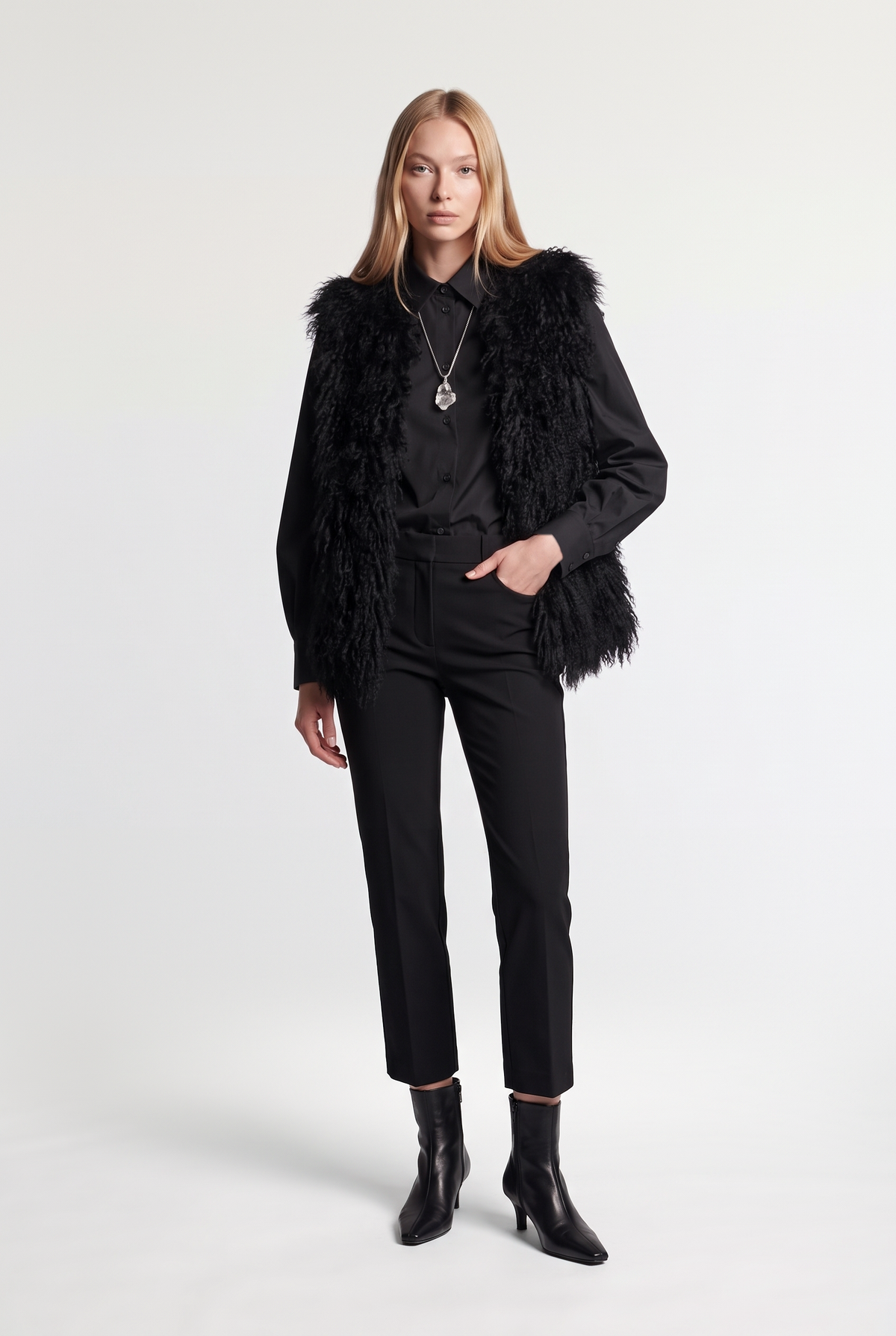 Textured Fur Vest - Black - front view