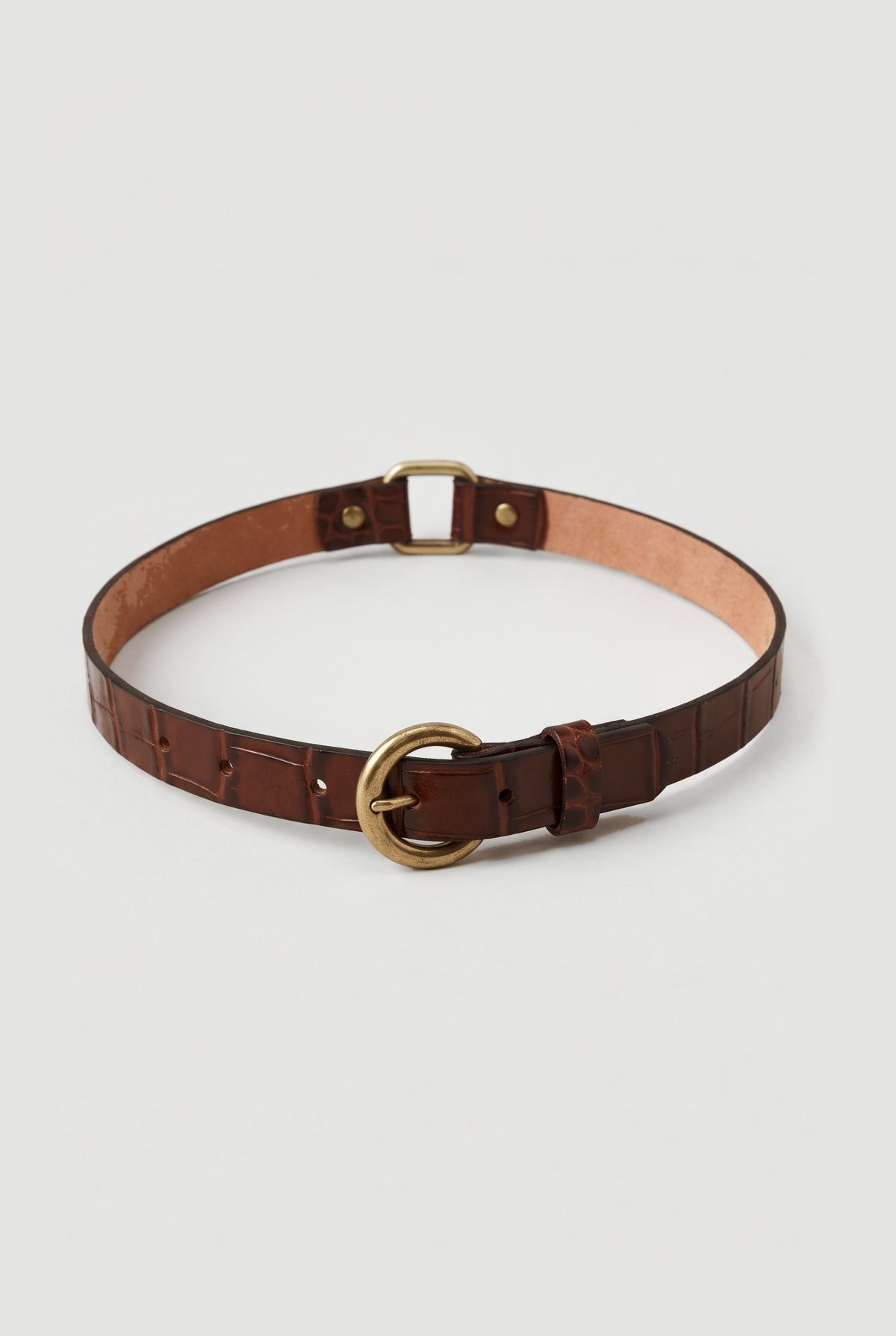 Croc-Embossed Skinny Belt - Brown - flat lay
