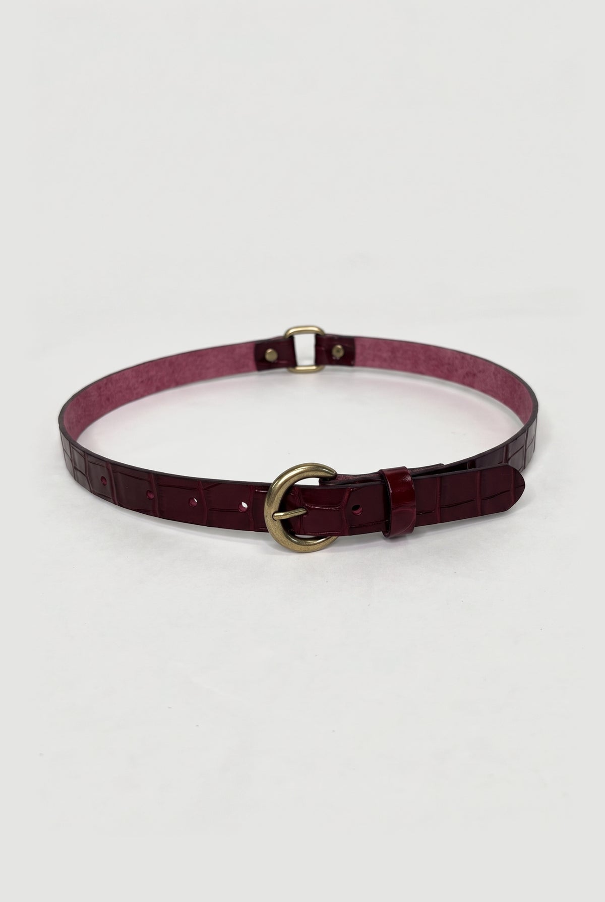 Croc-Embossed Skinny Belt - Burgundy - flat lay