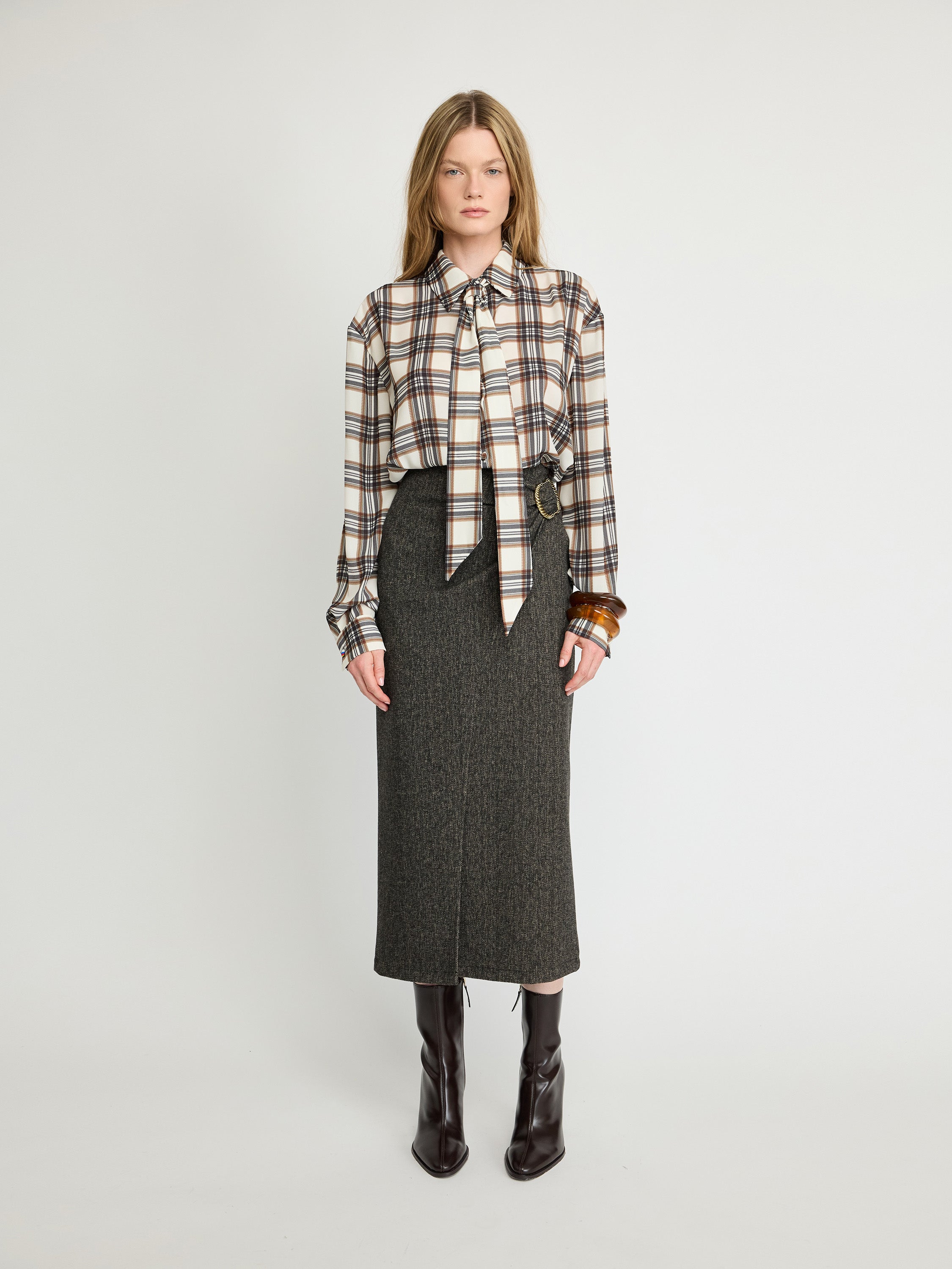 Plaid Tie-Neck Blouse