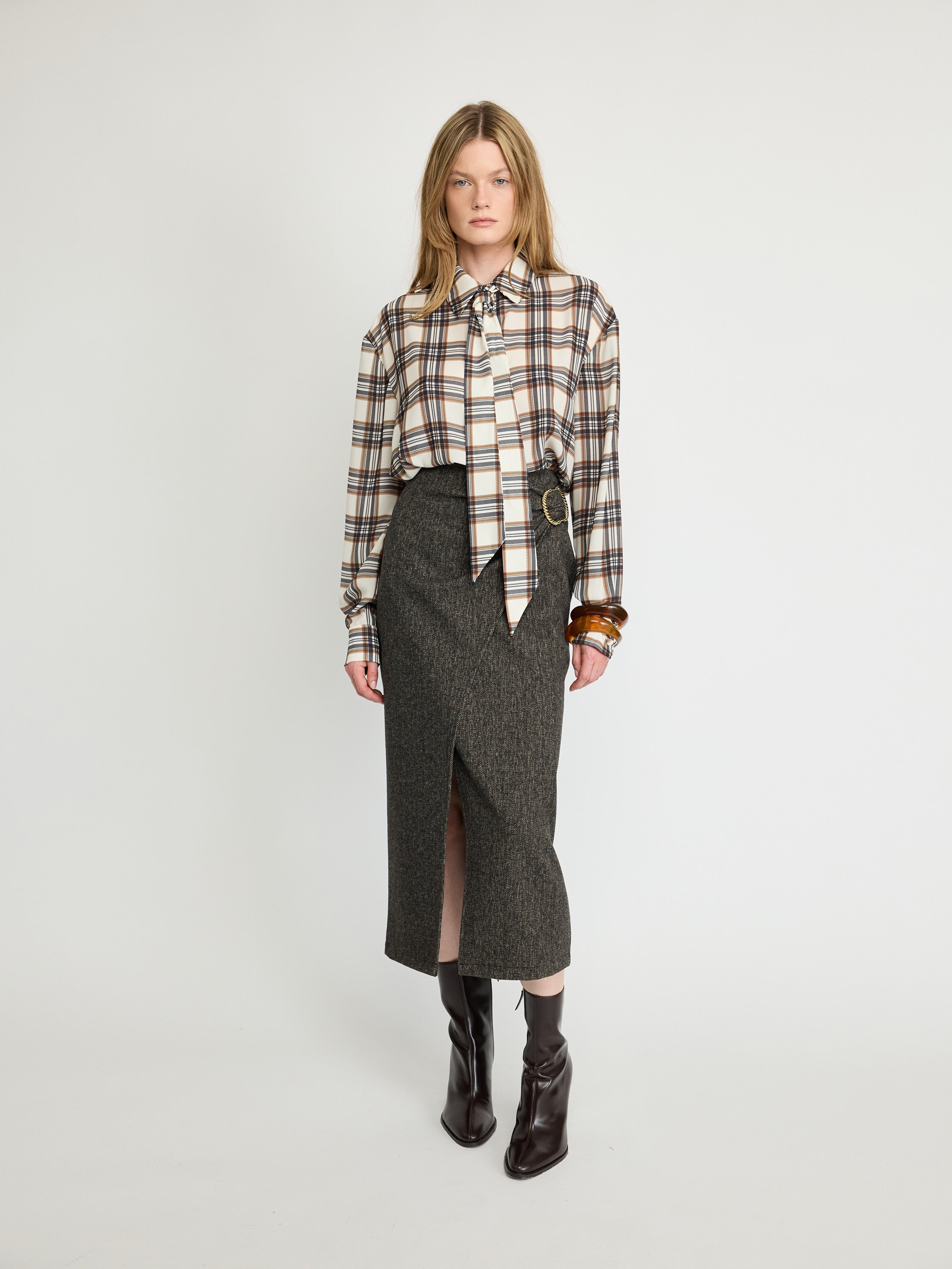 Draped Midi Skirt with Buckle Detail