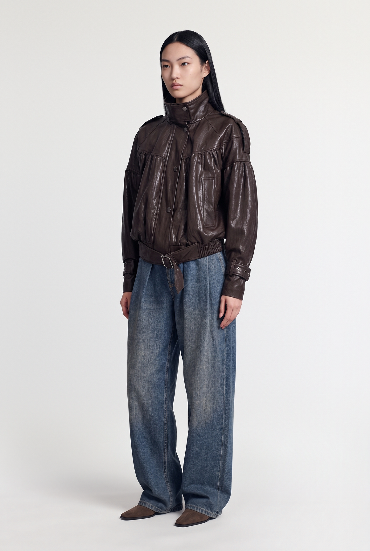 Brown leather puff-sleeve bomber - Brown - front view