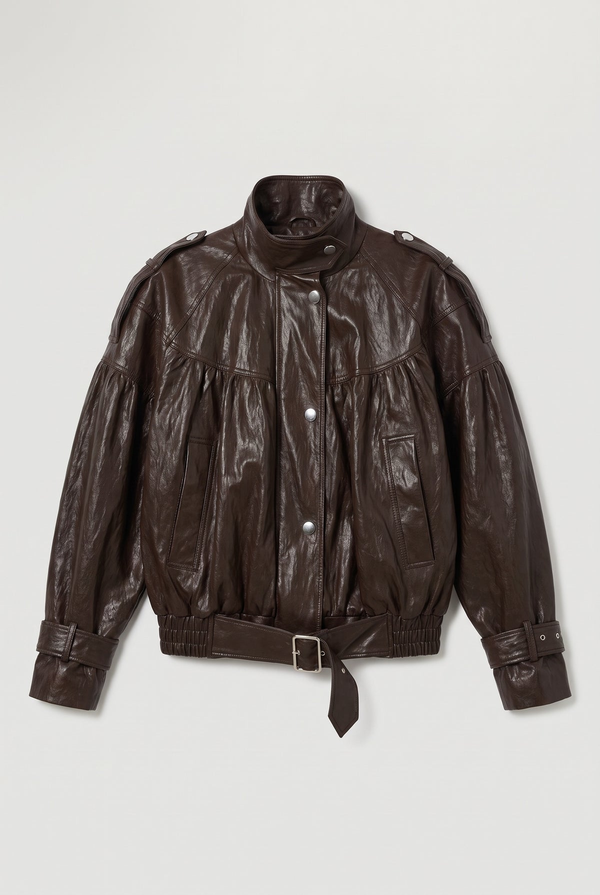 Brown leather puff-sleeve bomber - Brown - flat lay