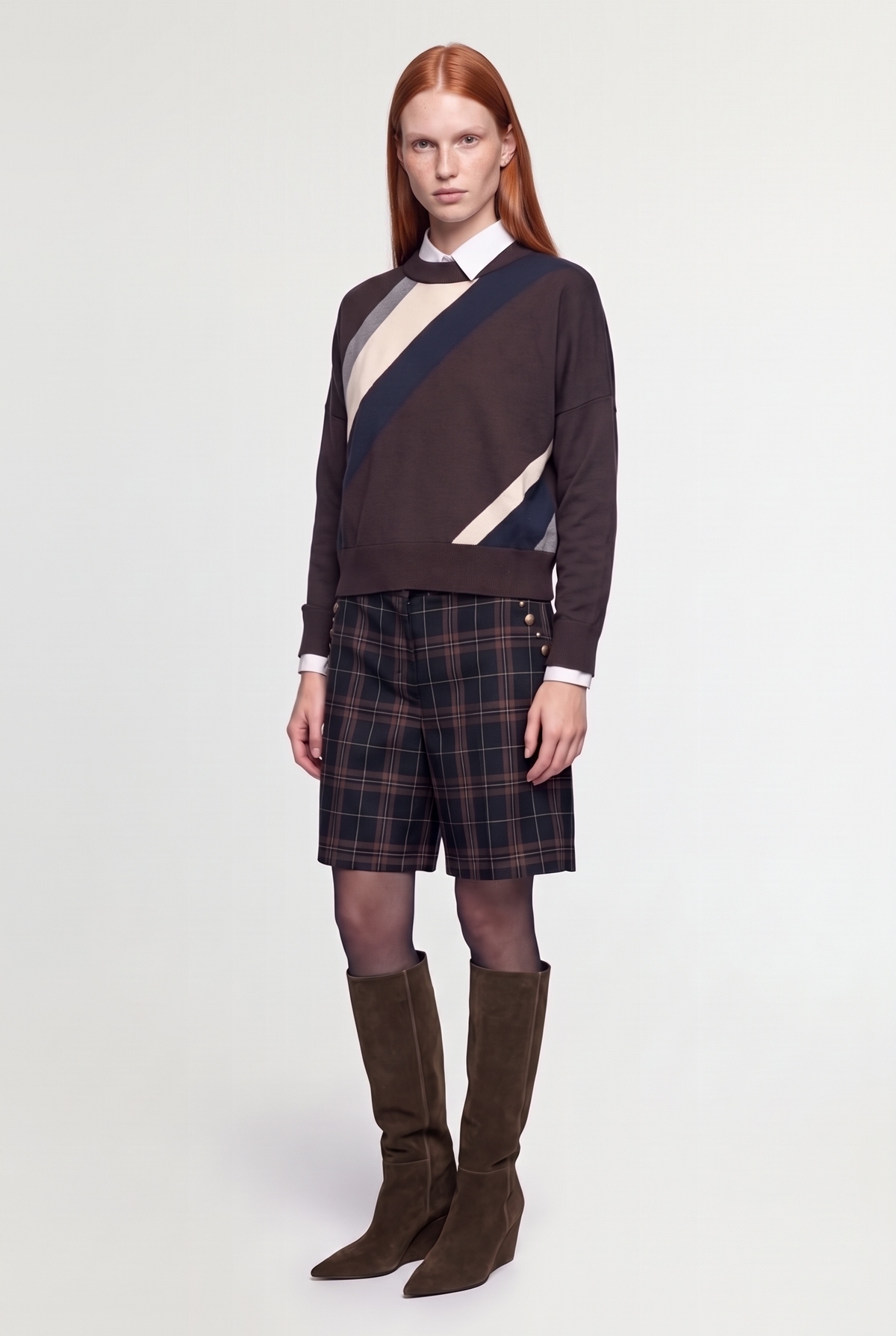 Colour-block crew sweater - Brown - front view