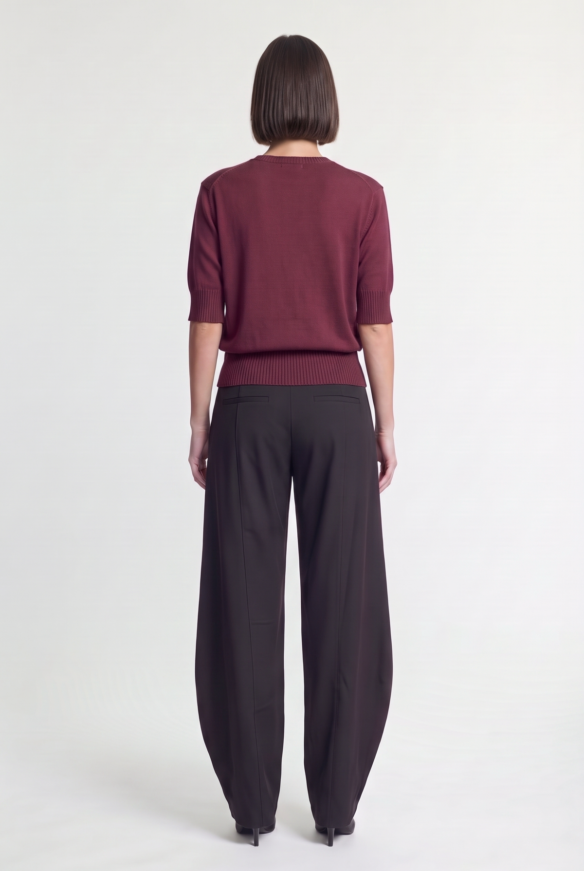 Short-Sleeve Crewneck Knit Sweater - Burgundy - back view