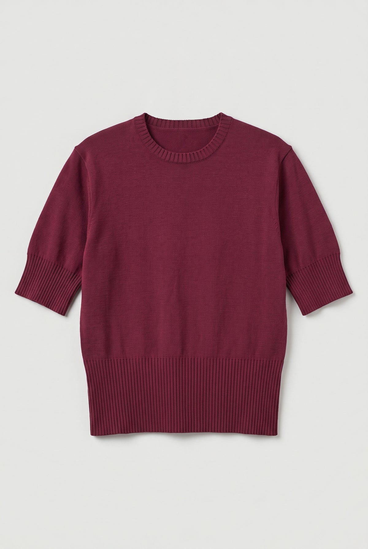 Short-Sleeve Crewneck Knit Sweater - Burgundy - flat lay
