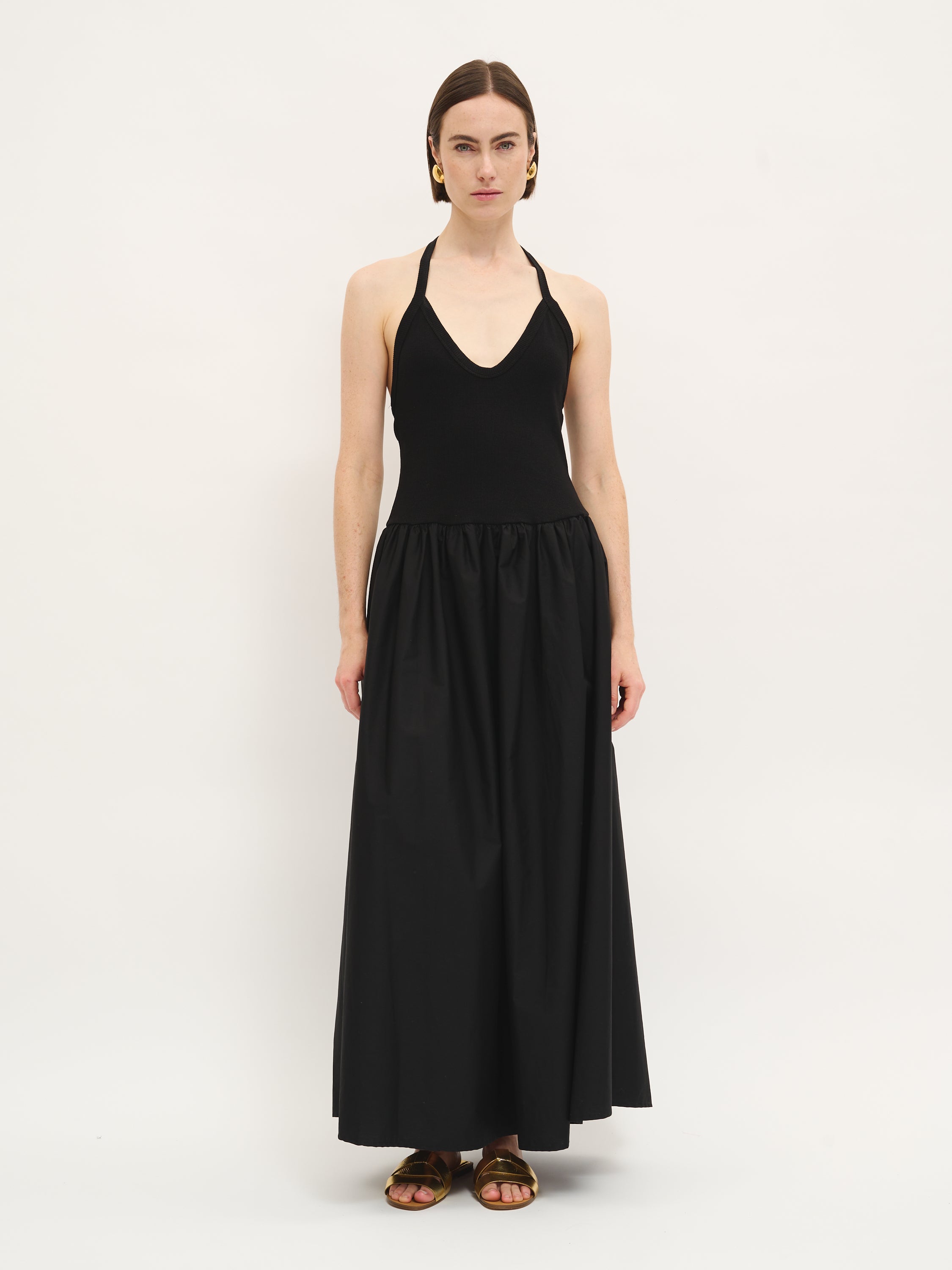 Halter Back Knit & Poplin Dress