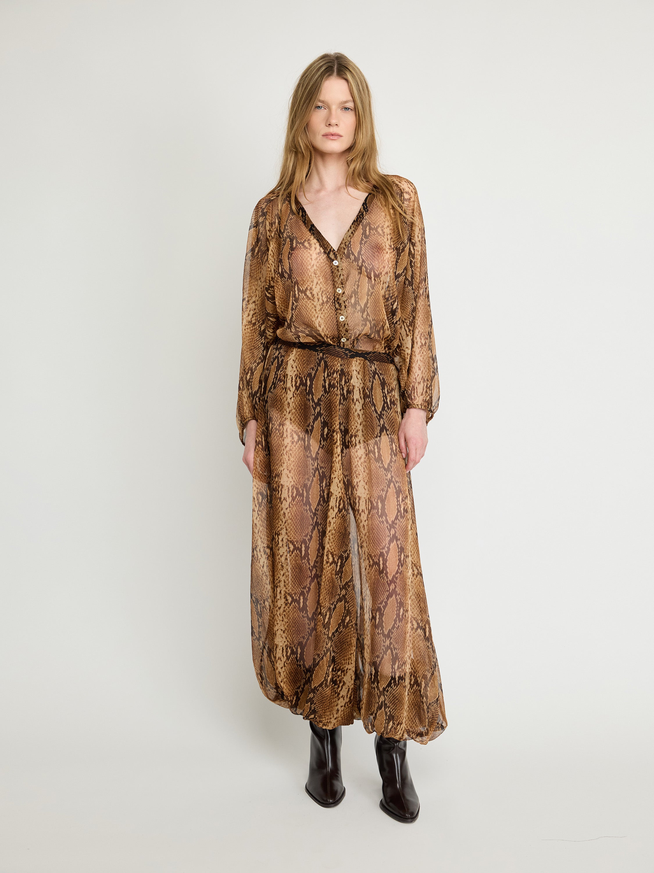 Sheer Snakeskin Button-Up Blouse