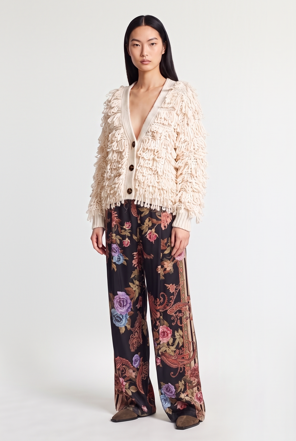 Loop-fringe cardigan - Butter - front view