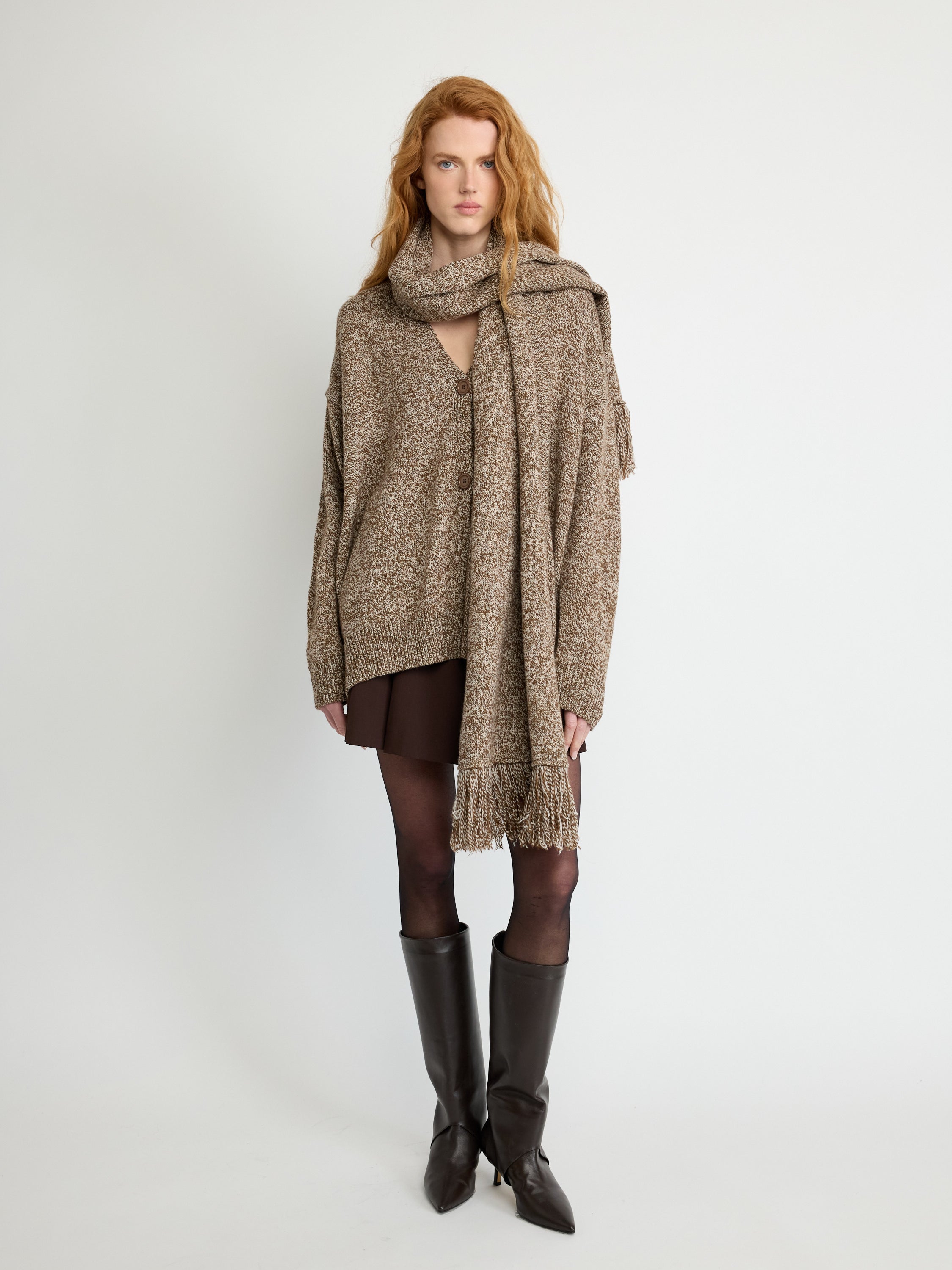Textured Knit Cardigan with Scarf