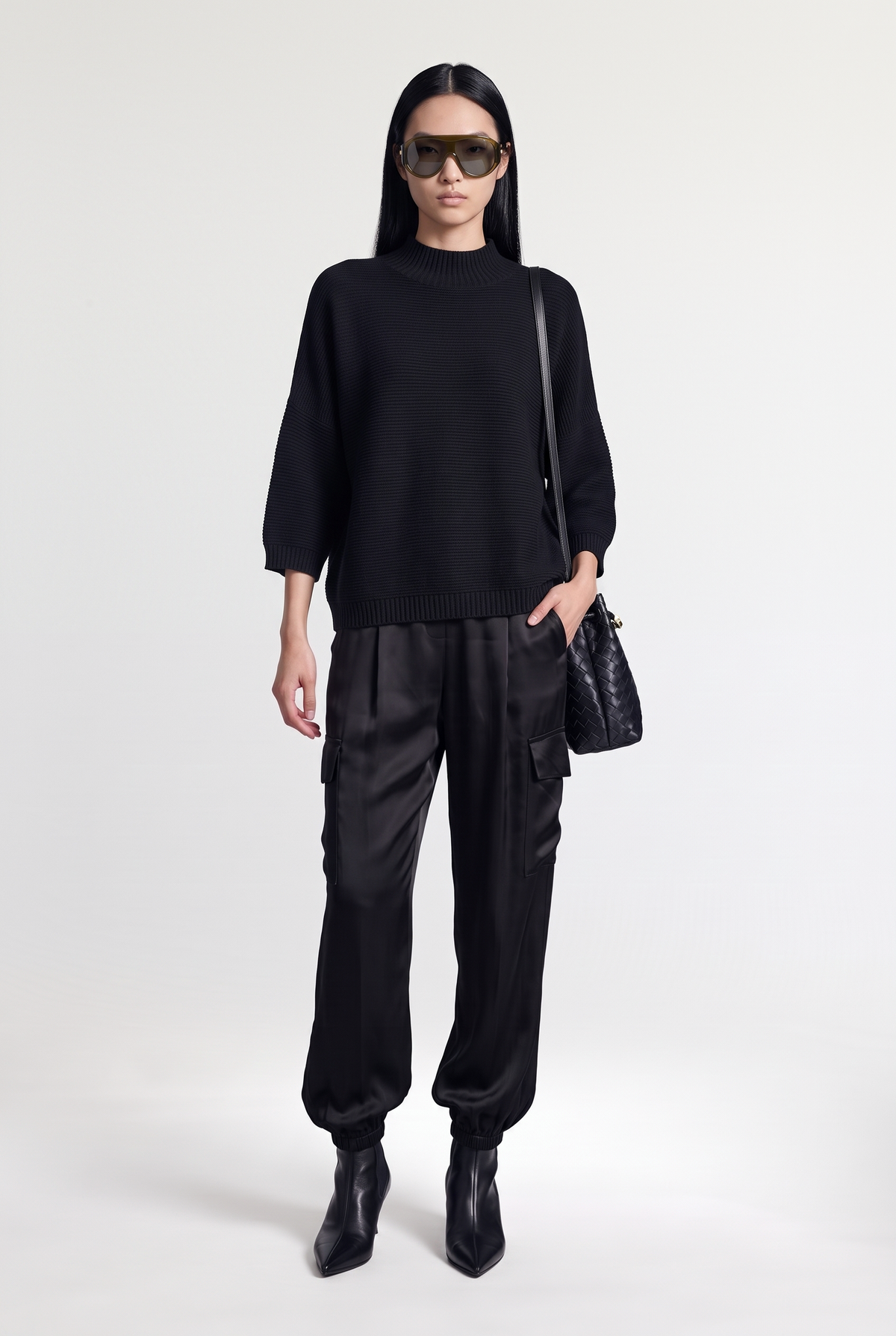 Ribbed Mock-Neck Sweater - Black - front view