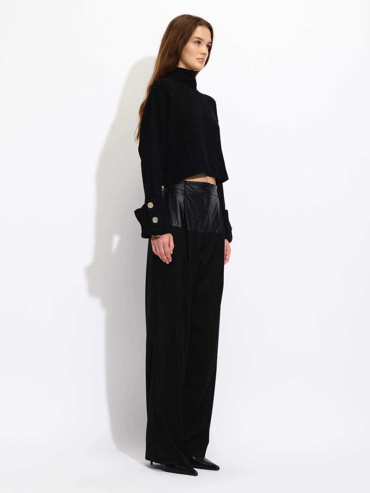 Wide-leg trousers with faux leather details