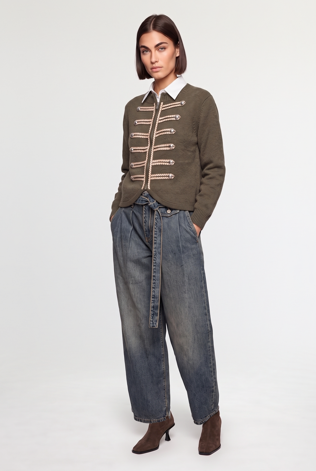 Military frogged zip cardigan - Military - front view