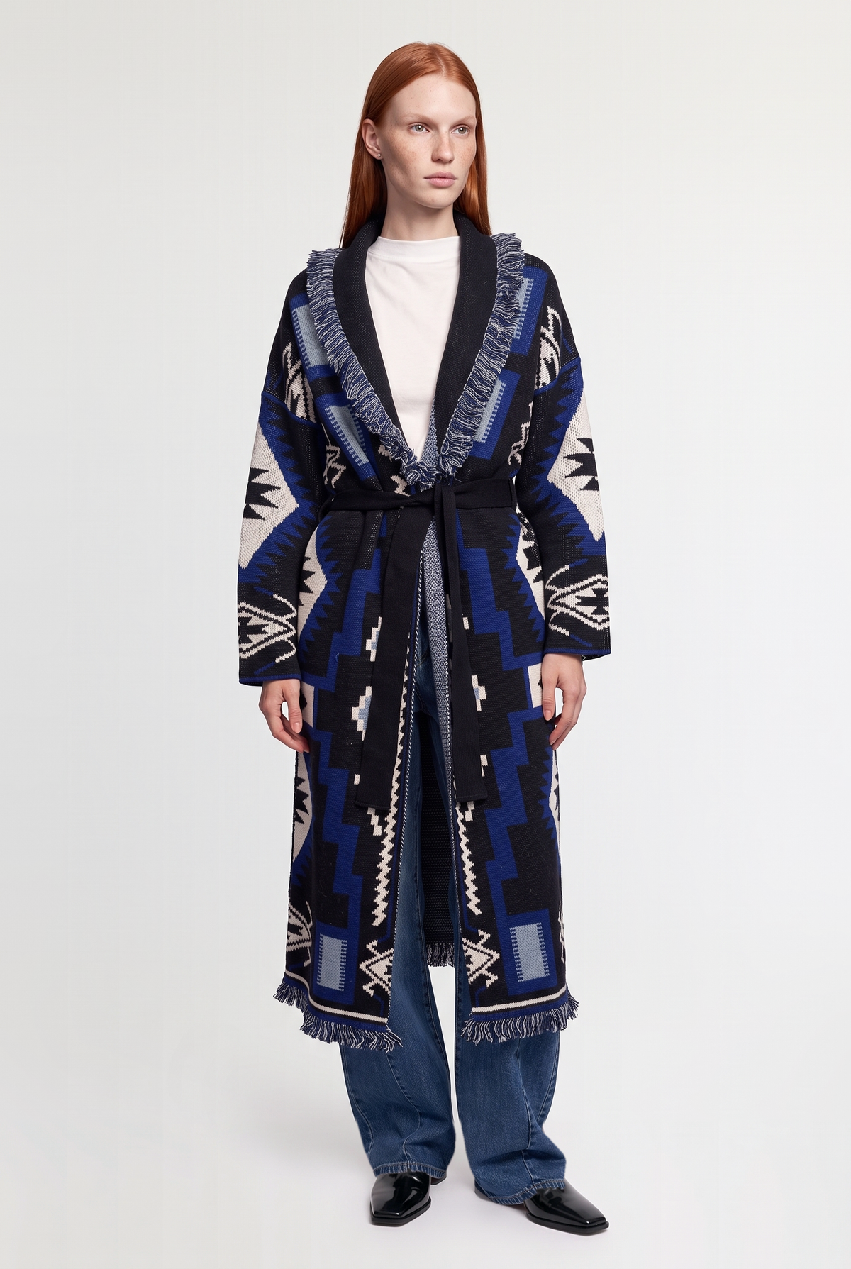 Long jacquard cardigan - Light Blue - front view