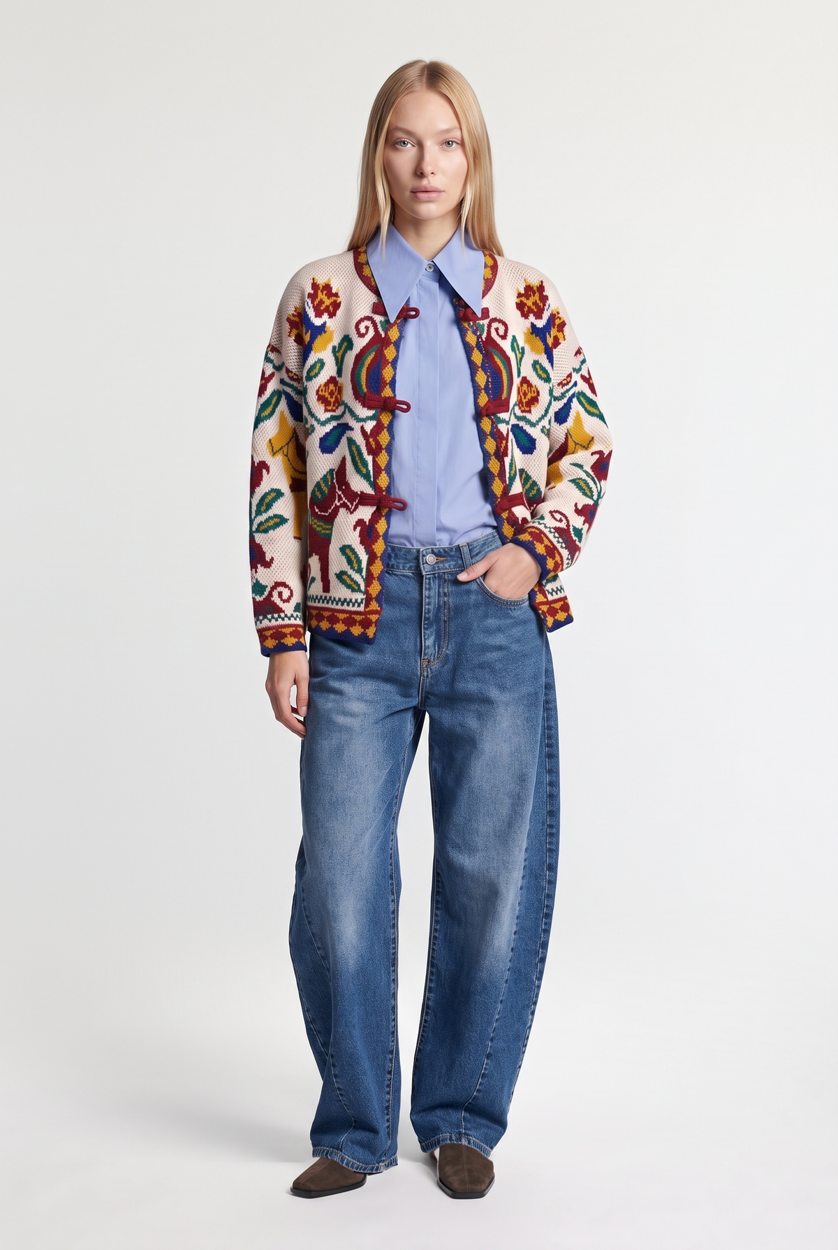 Folk jacquard cardigan - Multi - front view