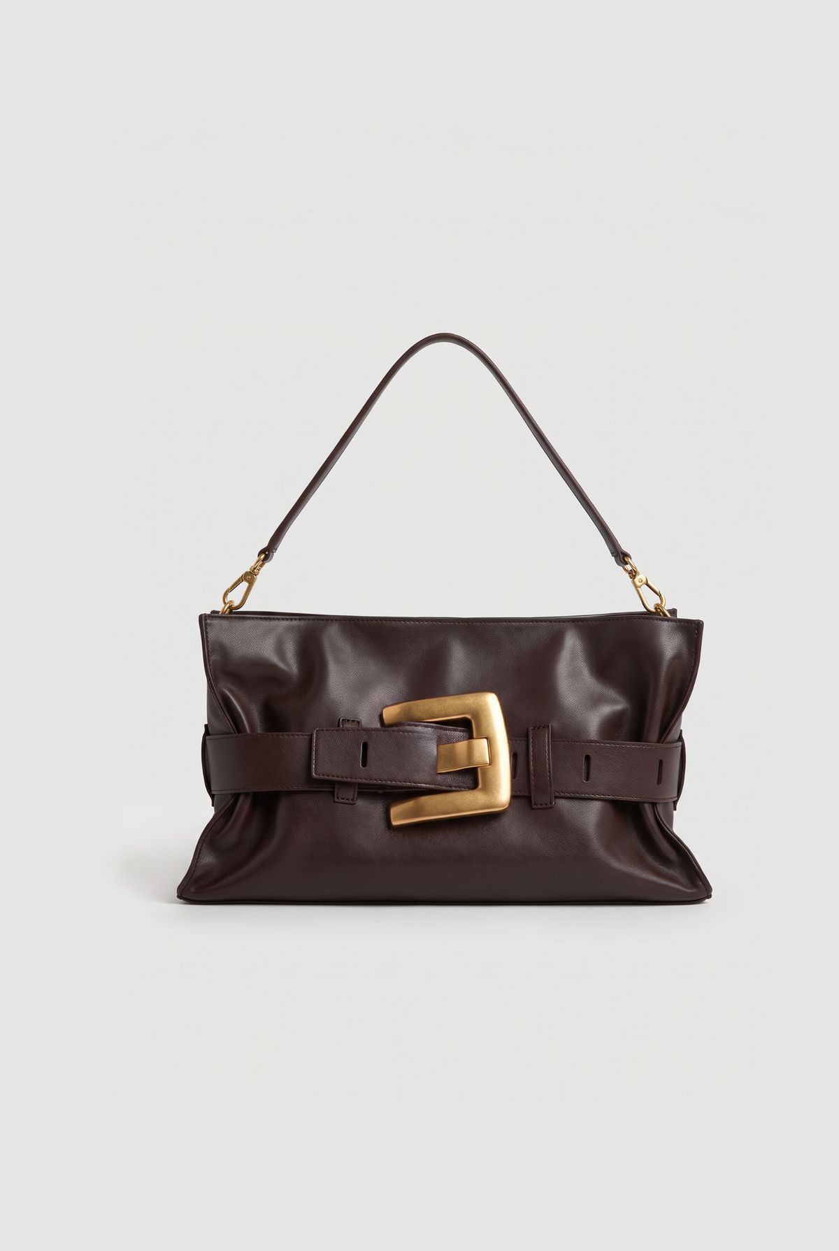 Slouchy leather shoulder bag with buckle strap in Dark Brown