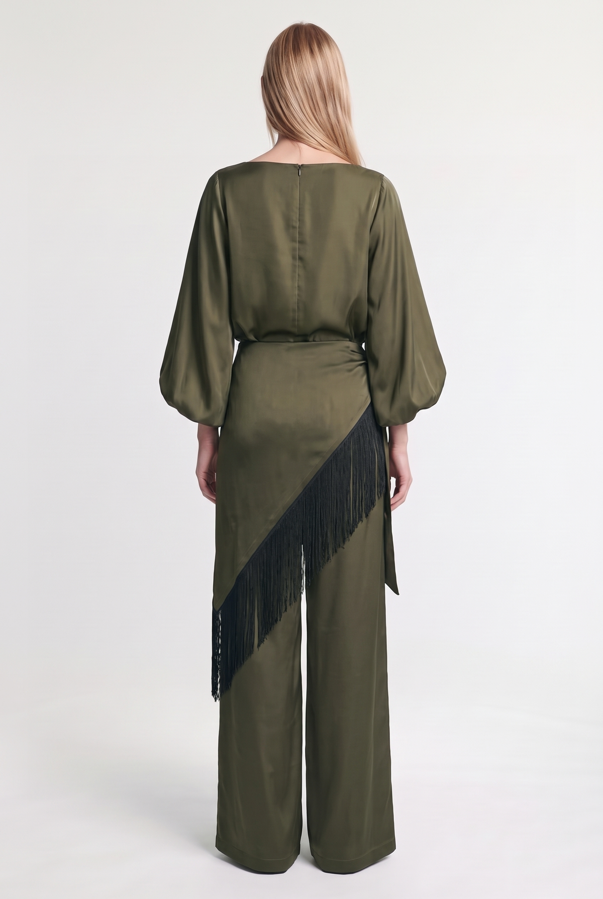 Fringed Wrap Midi Skirt - Military - back view