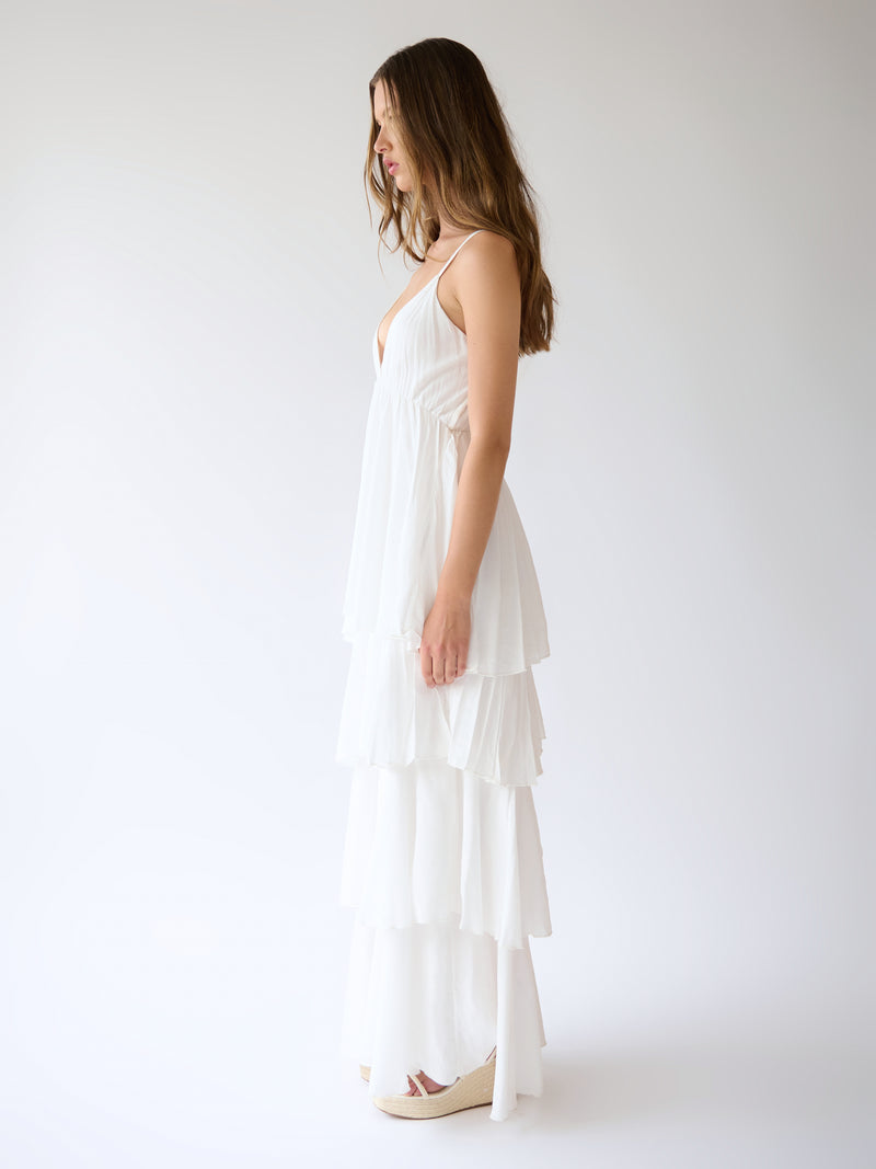 Long V-neck dress with tiered skirt