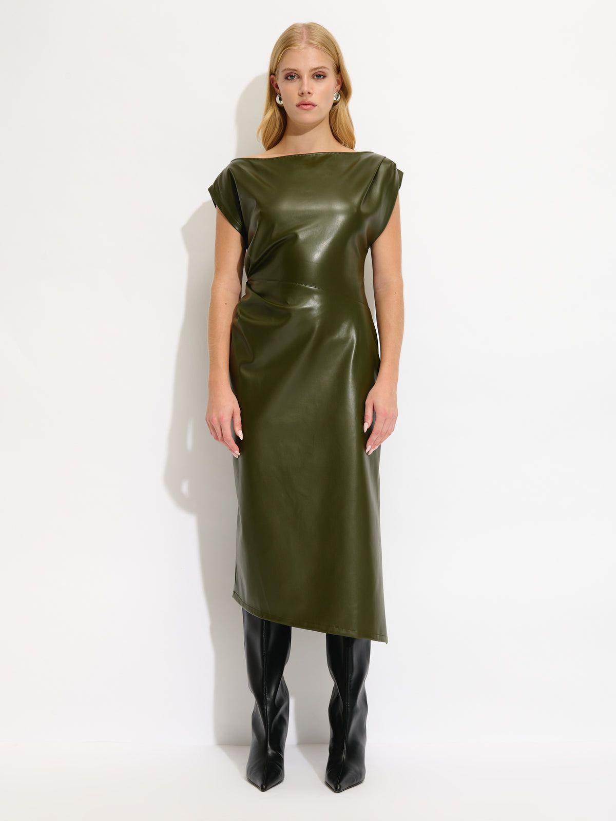 Gathered Vegan Leather Dress