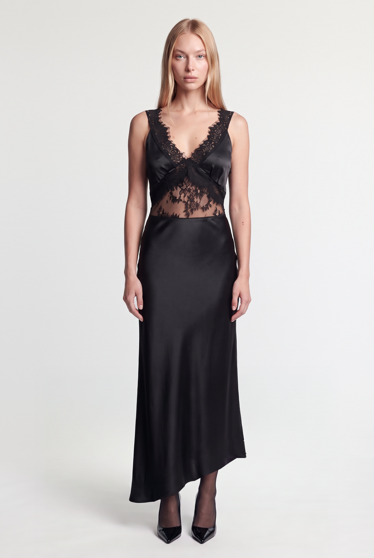 Lace-Panel Satin Maxi Dress - Black - front view