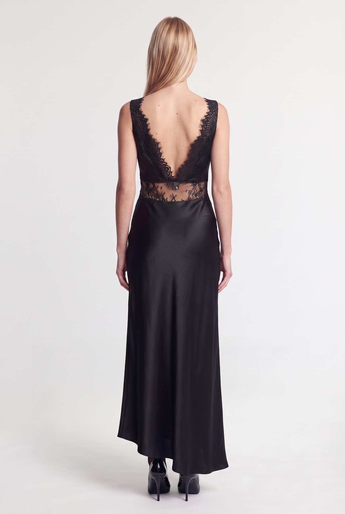 Lace-Panel Satin Maxi Dress - Black - back view