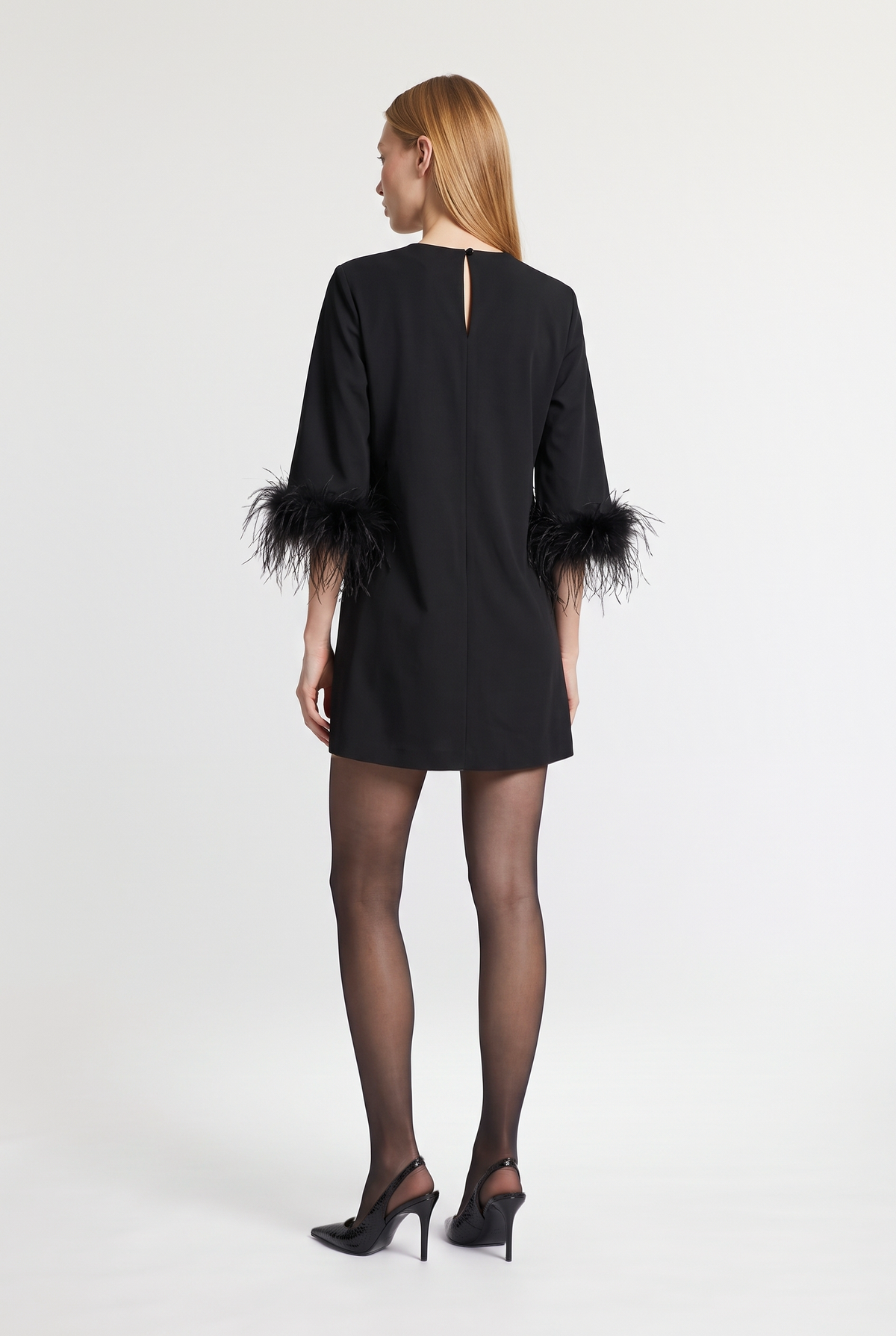 Feather Cuff Mini Dress - Black - back view