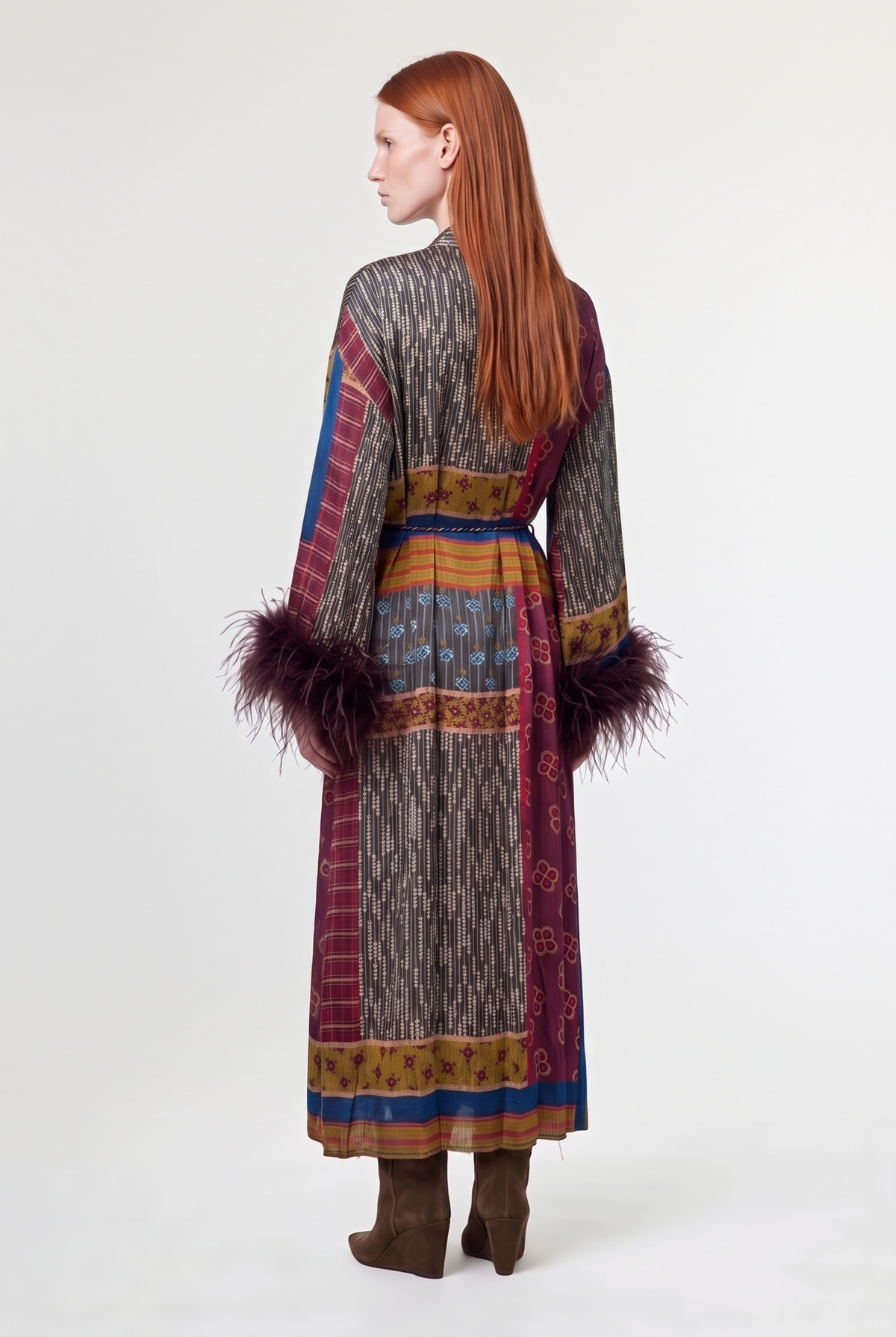 Feather-cuff patchwork wrap robe - Multi - back view