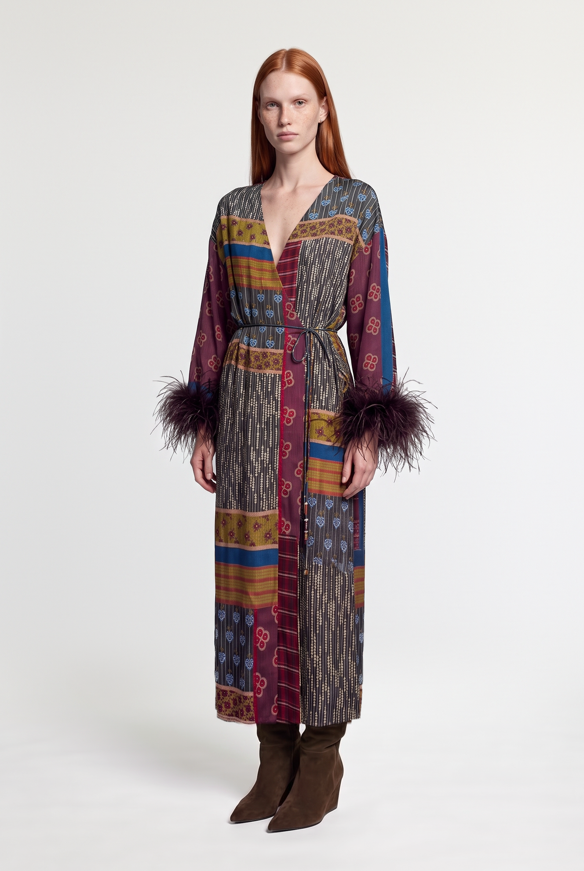 Feather-cuff patchwork wrap robe - Multi - front view