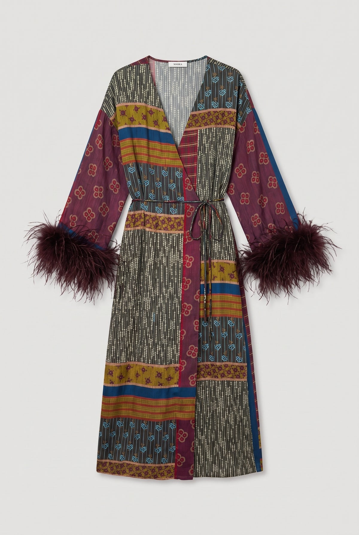 Feather-cuff patchwork wrap robe - Multi - flat lay