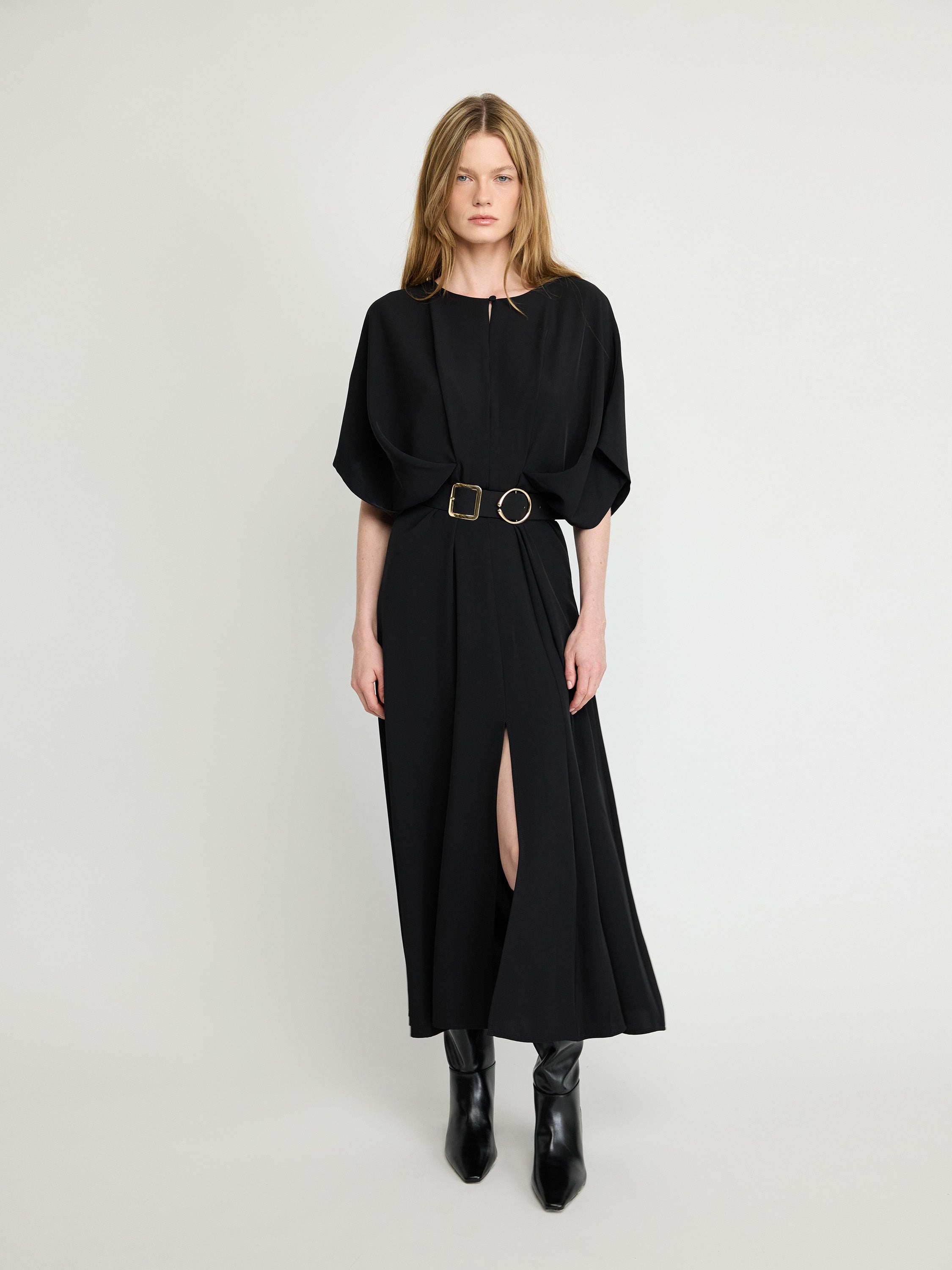 Draped Belted Midi Dress