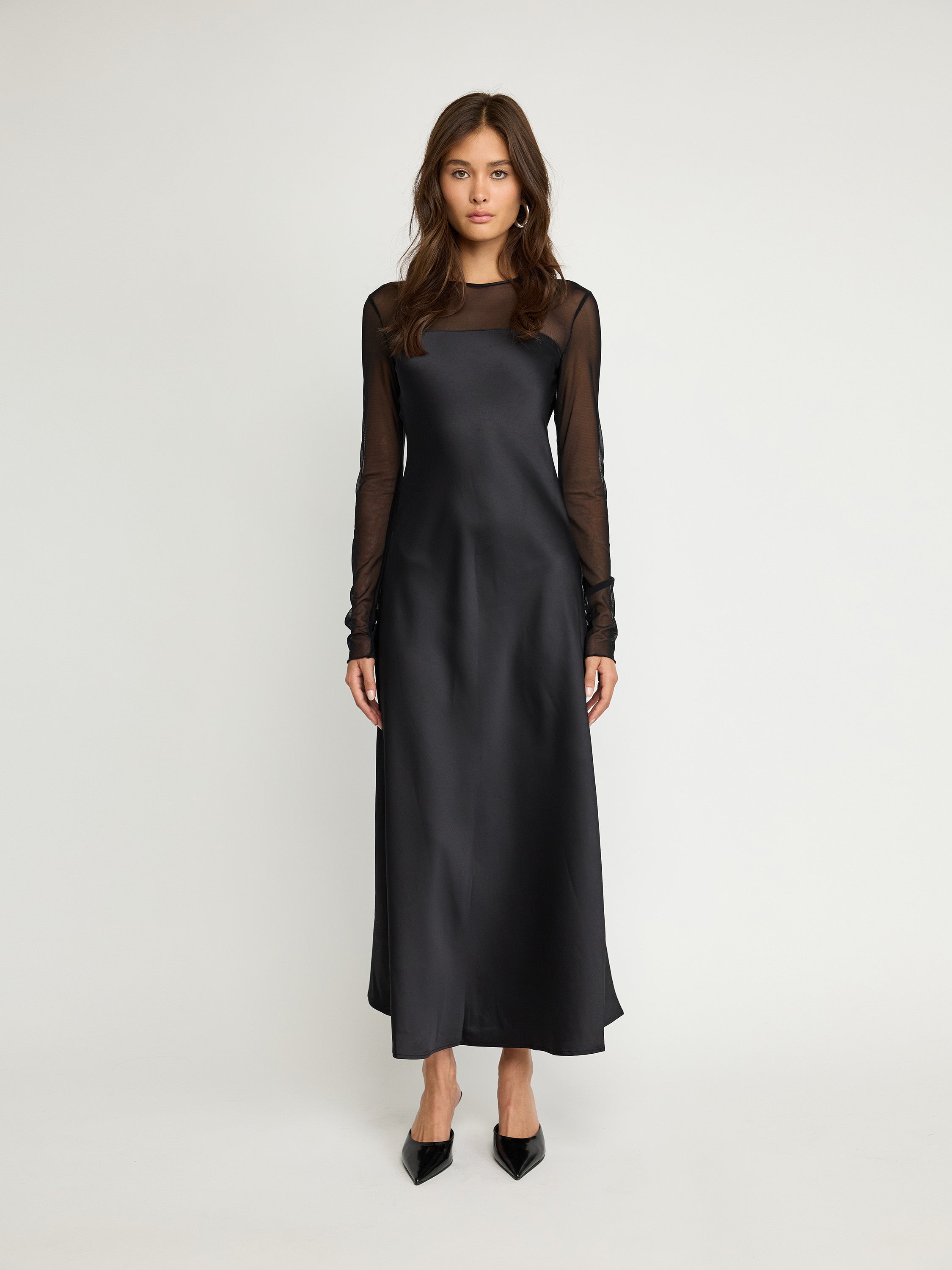 Long Sheer-Sleeve Dress in Satin Finish