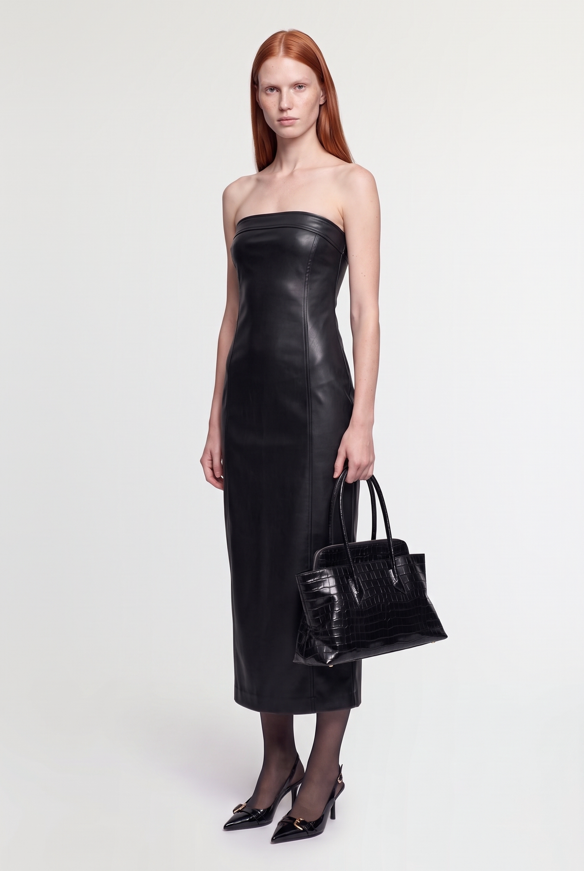 Strapless Leather Midi Dress - Black - front view
