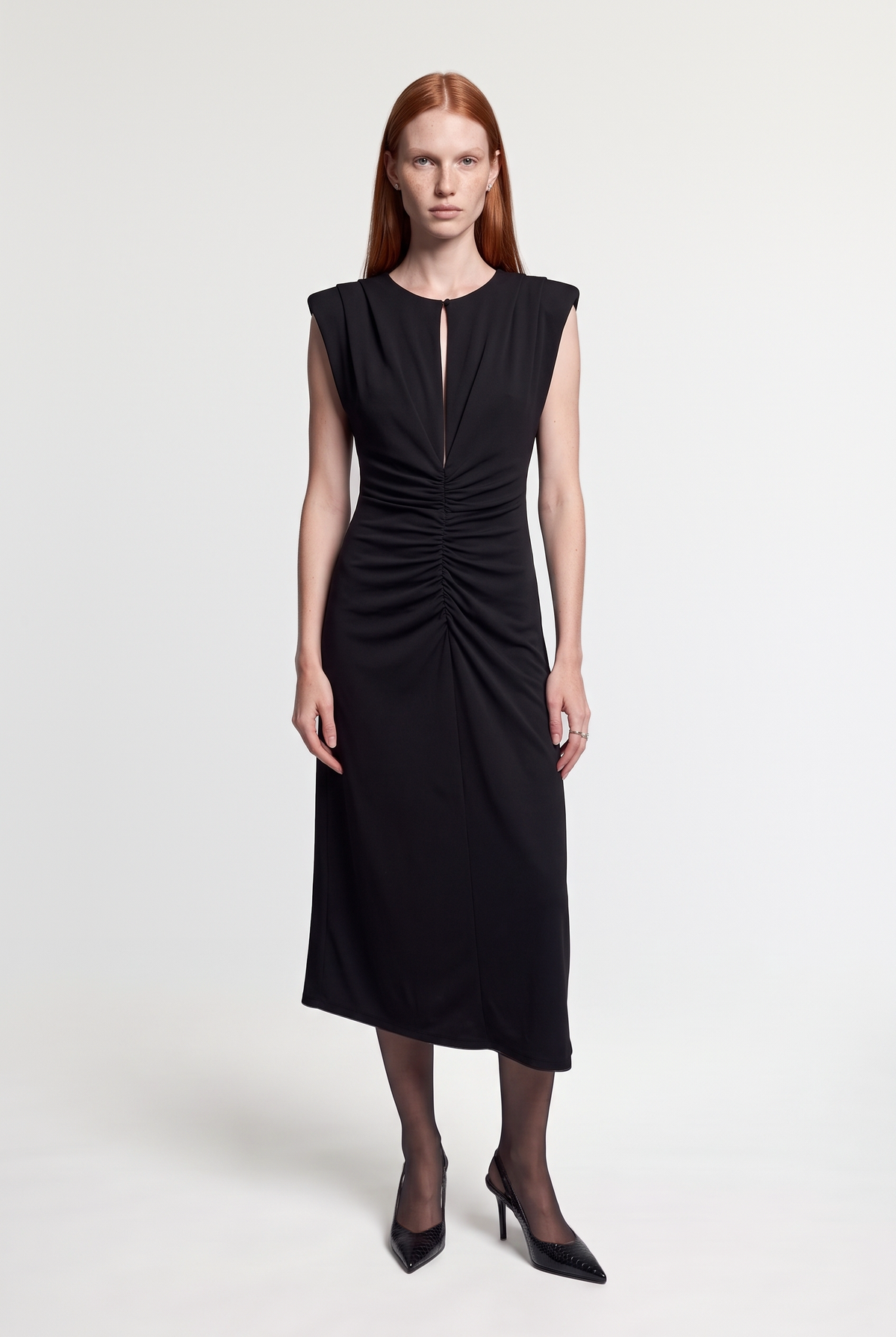 Gathered Front Dress - Black - front view