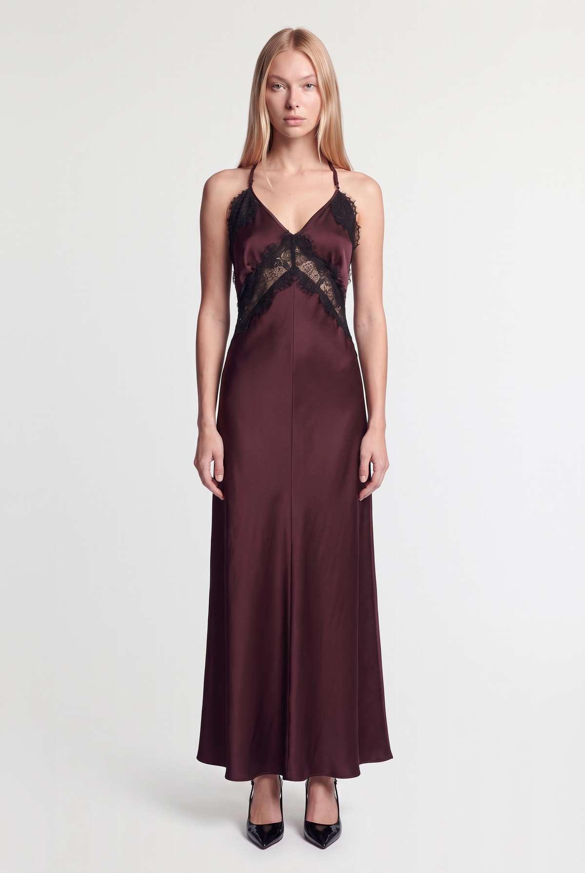 Lace-Trim Satin Maxi Dress - Burgundy - front view