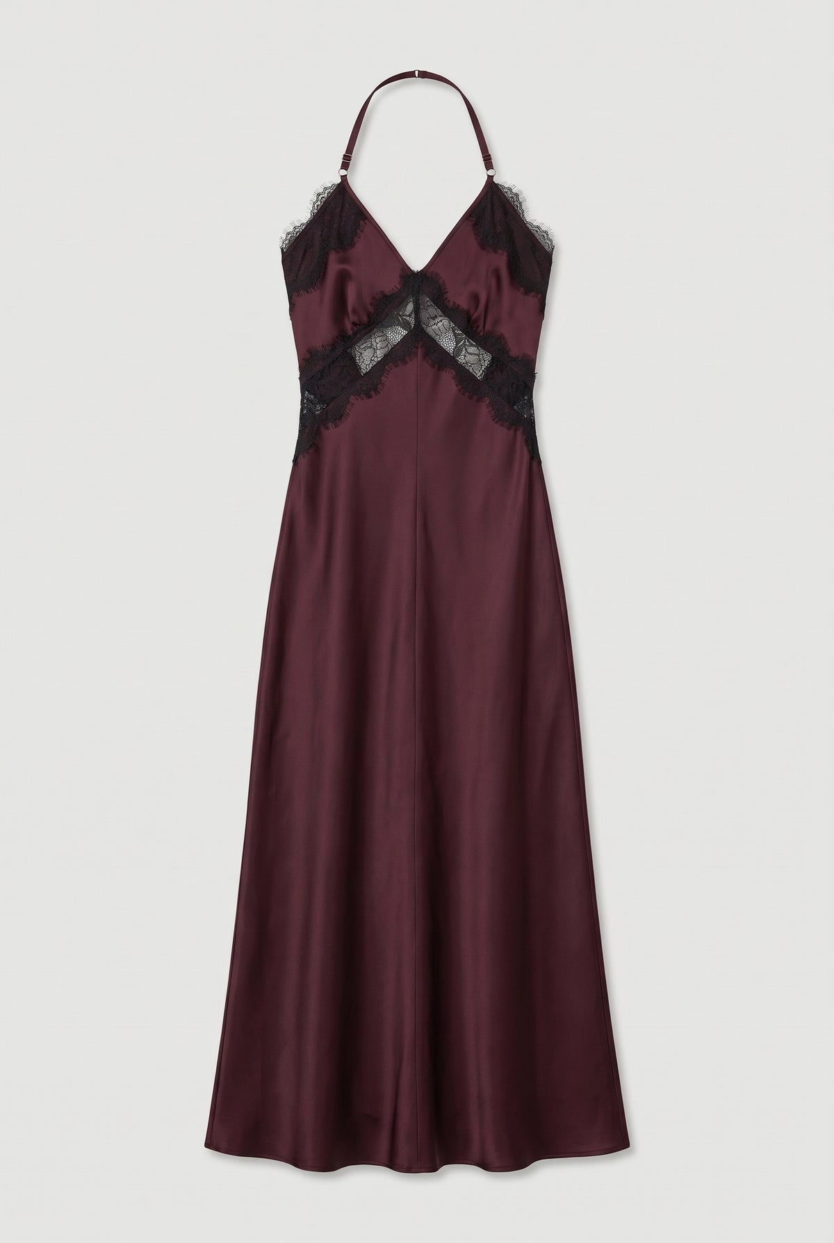Lace-Trim Satin Maxi Dress - Burgundy - flat lay