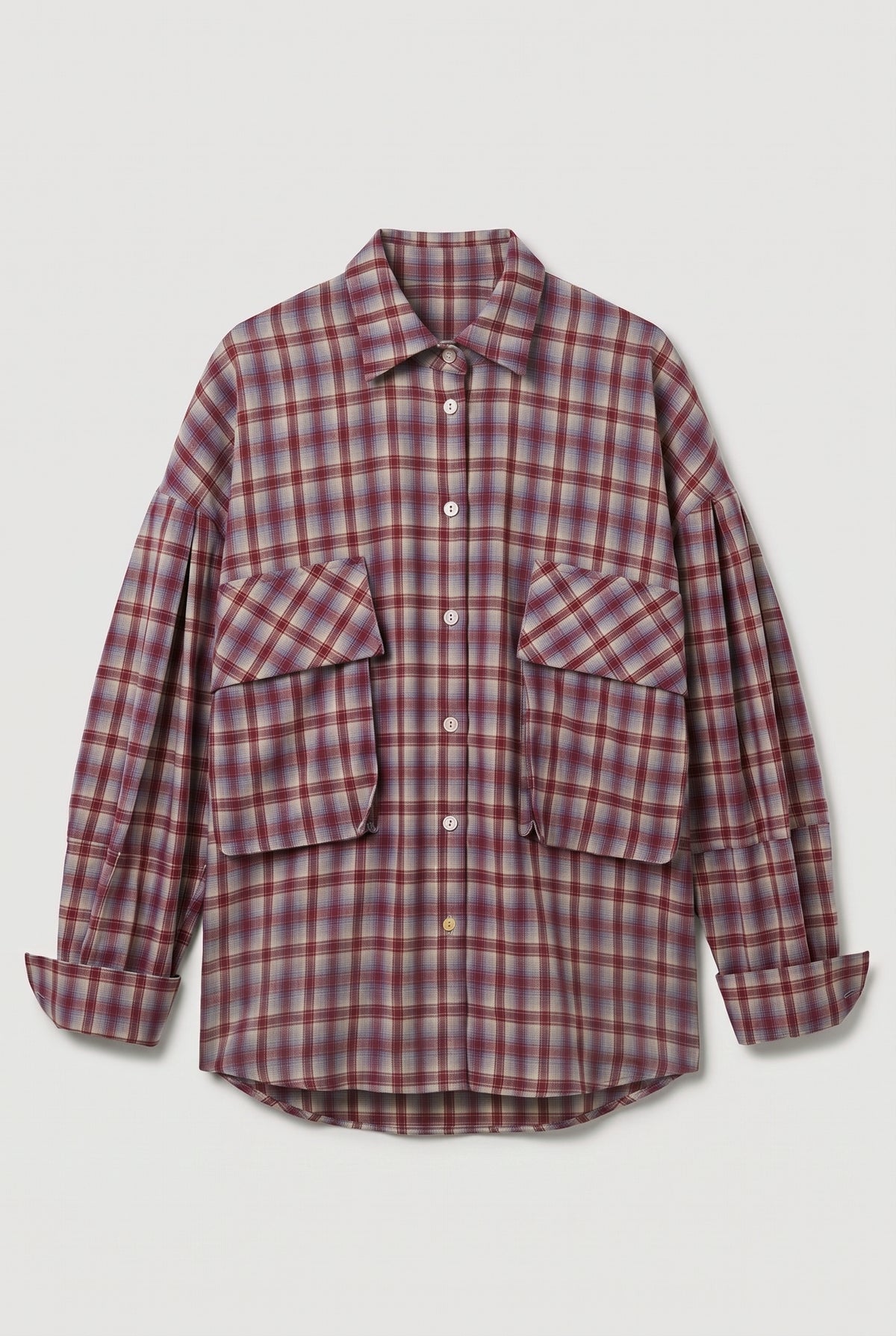 Plaid Utility Tie-Back Shirt - Rust/Light Blue - flat lay