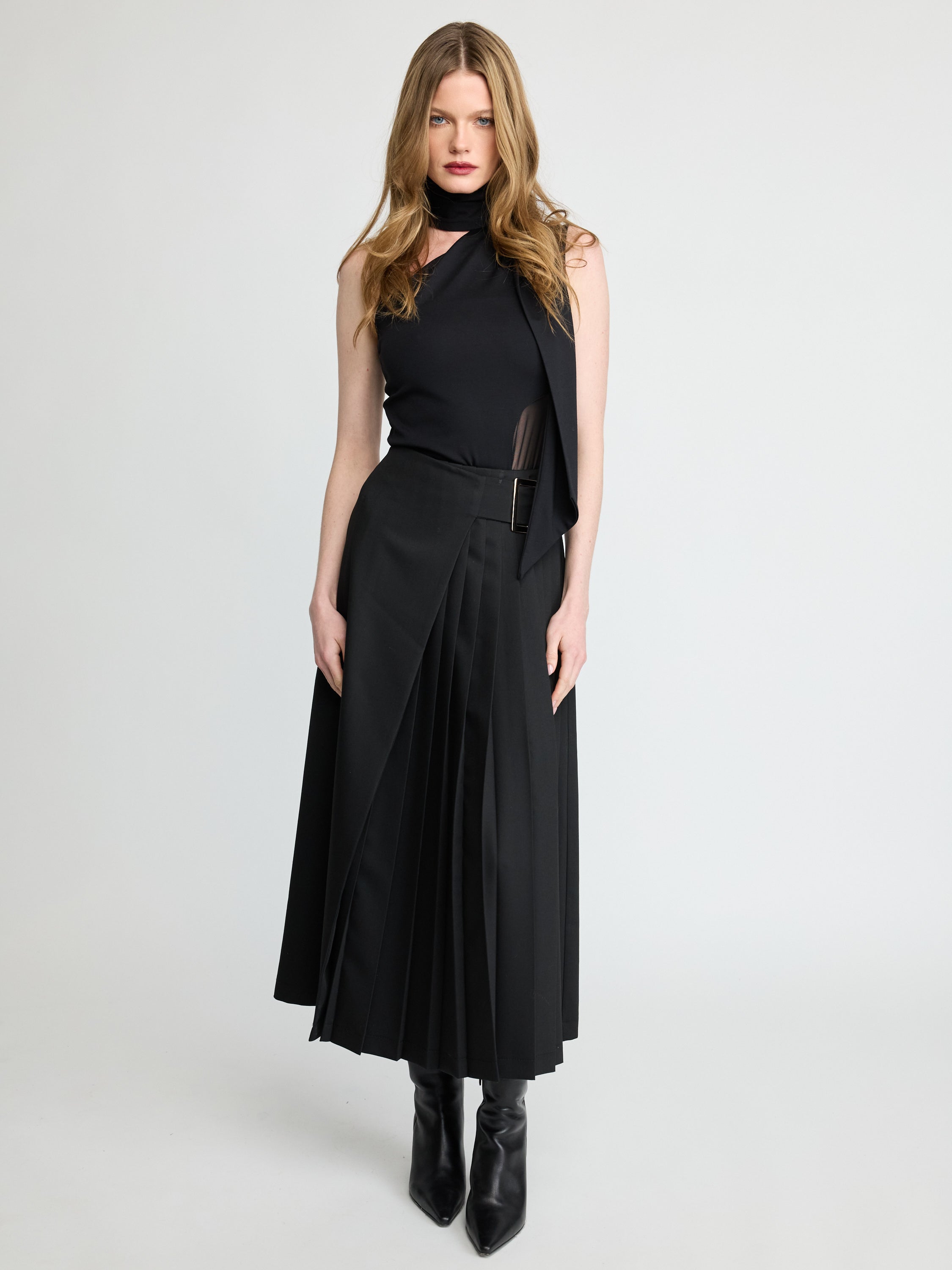 Pleated Wrap Midi Skirt