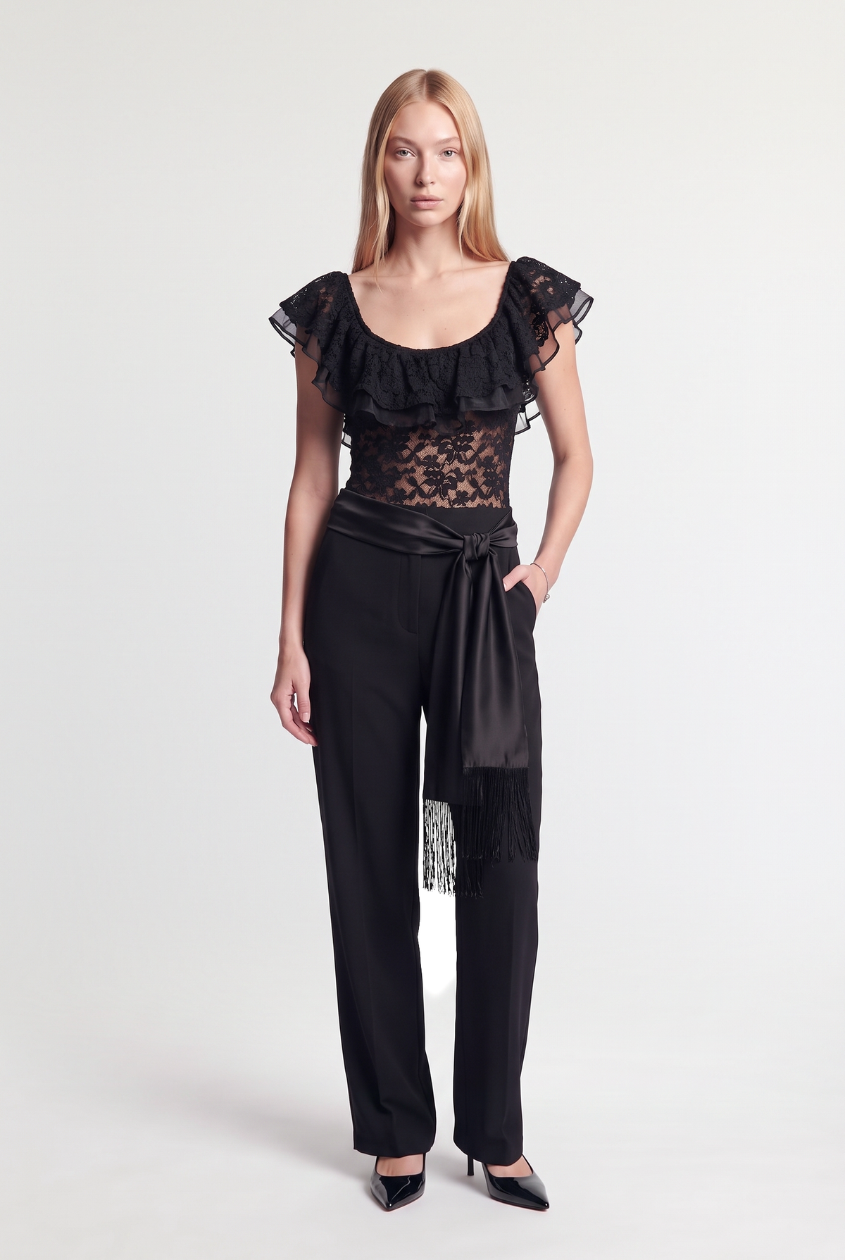 Lace ruffle bodysuit - Black - front view