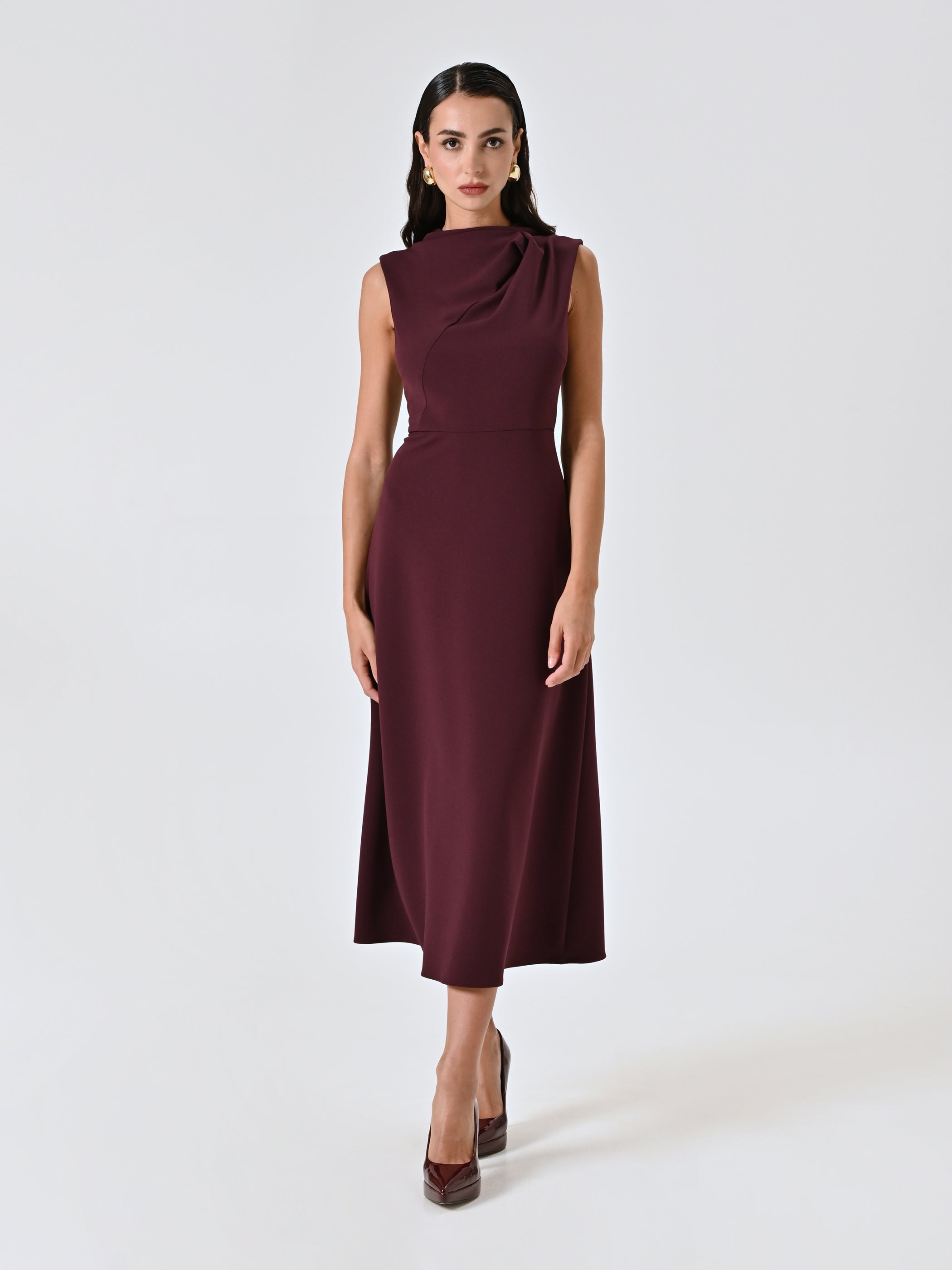 Midi Dress with Stand-Up Collar