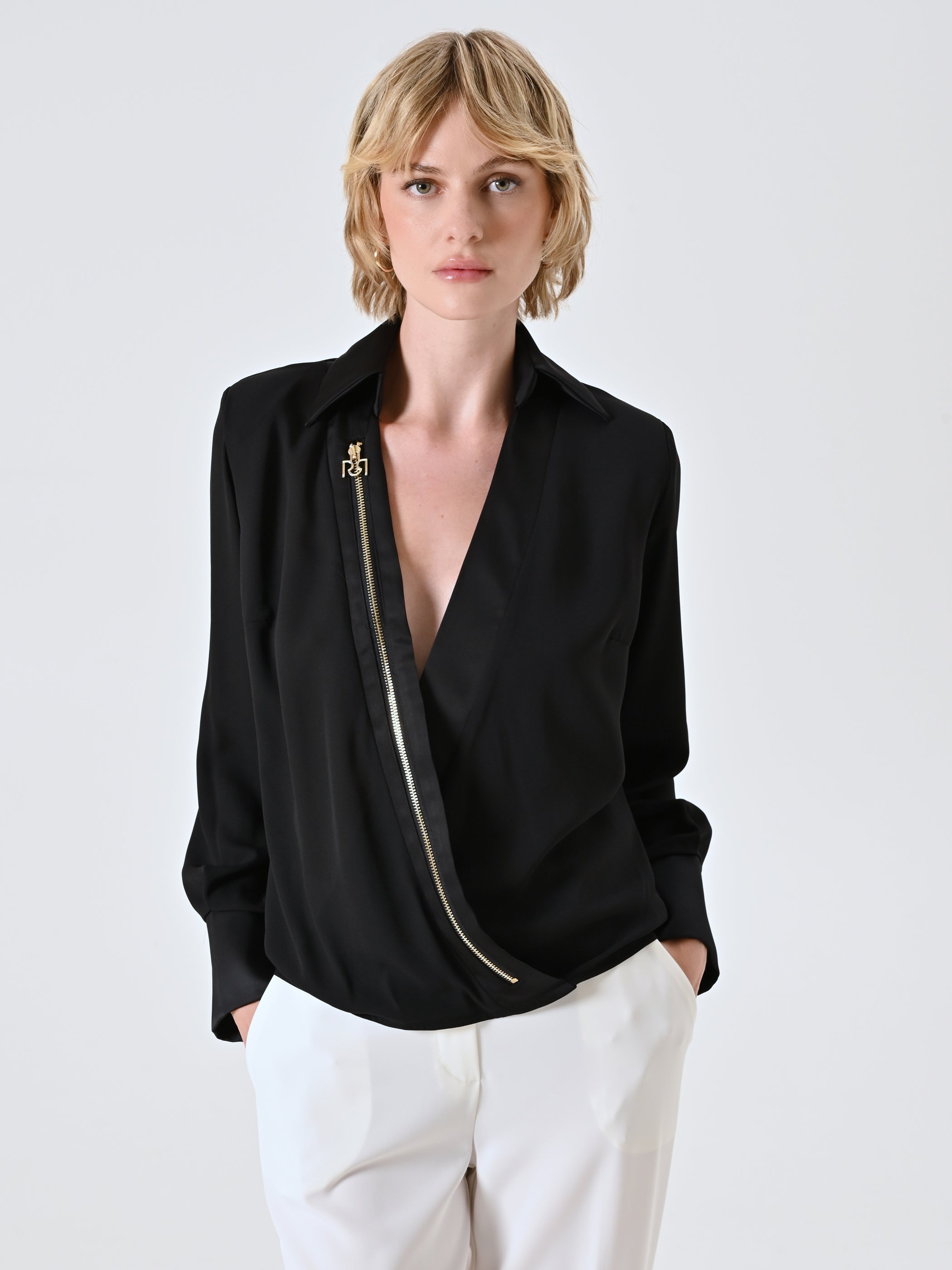 Black Shirt Blouse with Gold Zip