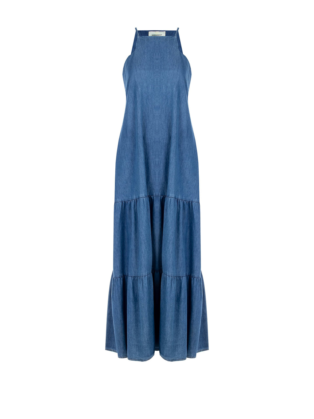 Long A-line Dress in Denim with Square Neckline and Pockets